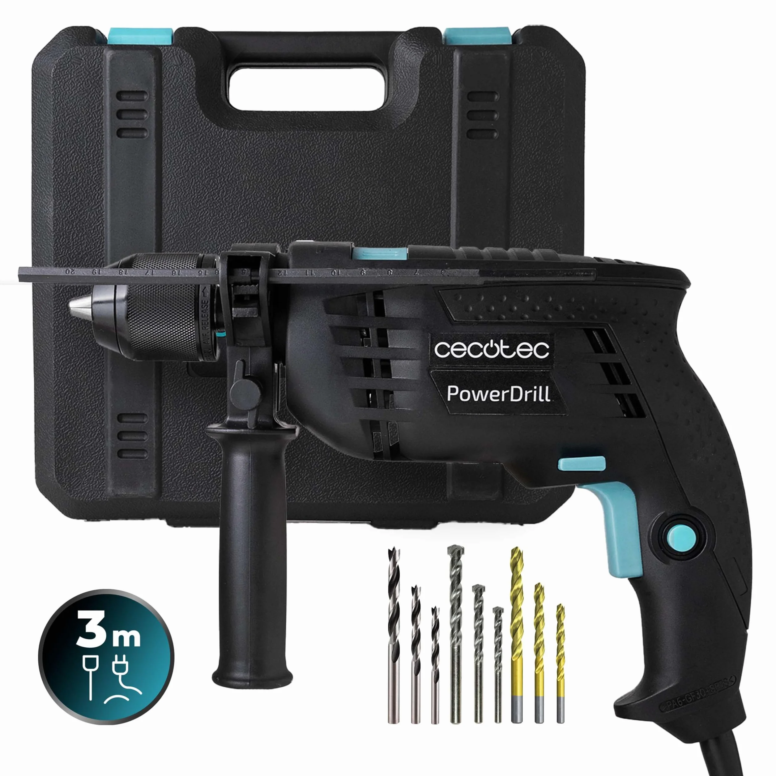 Cecotec PowerDrill 850 EasyAdjust. 850 Wiertarka elektryczna, 850 W, 46000 uderzeń na minutę, 4800 obr/min, bardzo długi przewód 3m, uchwyt wiertarski bezkluczykowy 13mm średnica, W pełni wyposażony