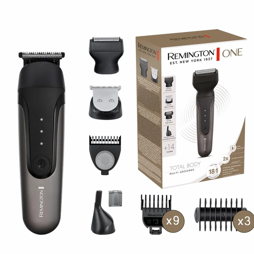 Remington trymer wielofunkcyjny do pielęgnacji całego ciała, zawiera 18 końcówek [ 4 głowice, 14 nasadek], trymer do brody/ciała/nosa/uszu/brwi, wodoodporny, litowy, ONE Total Body Multigroomer PG780