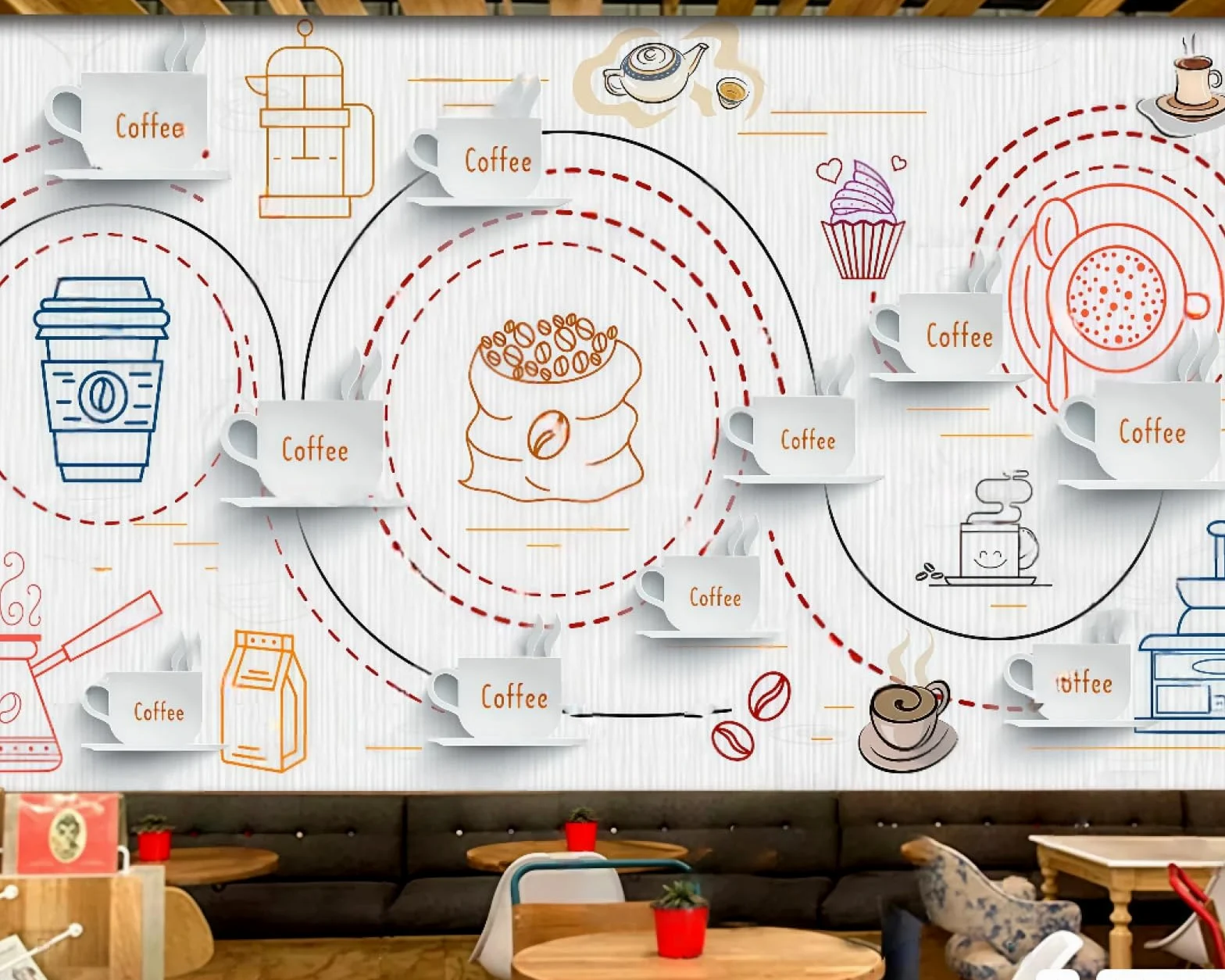 Tapeta Ręcznie Malowana Kawa Litery Drewna Ziarna Popołudniowa Herbata Casual Sklep Słodycze Tło Ściana Zachodnia Restauracja Tapeta Kawa Mural, 3D, 300 x 210 Cm