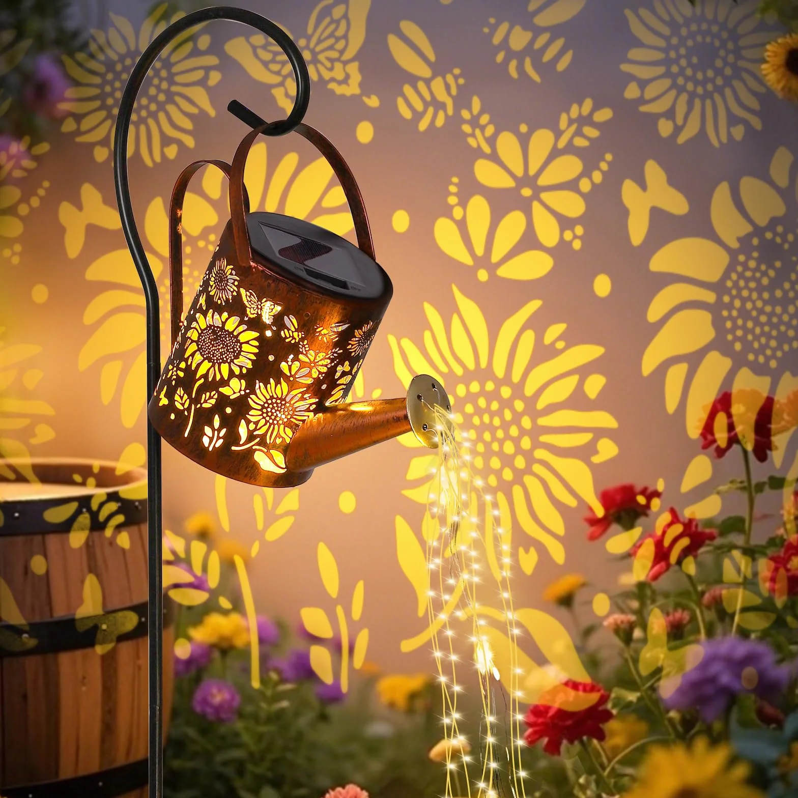 LOVERUIS Konewka solarna lampa ogrodowa na zewnątrz, łańcuch świetlny LED, wodoodporna, retro, metalowa puszka na wodę, wisząca latarnia z uchwytem, ciepła biel, dekoracja ogrodnicza, na patio