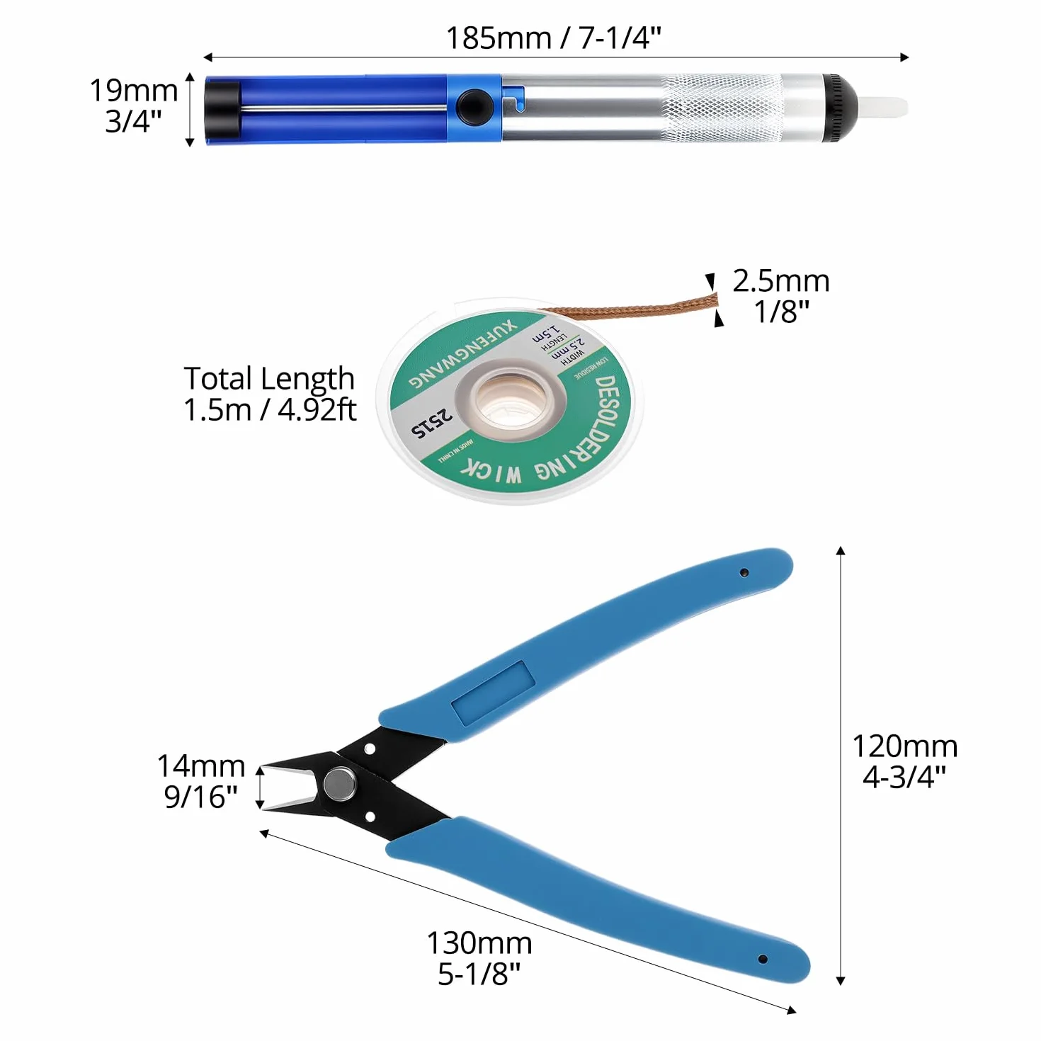 QWORK® 3-częściowy zestaw narzędzi do usuwania lutowania, pompa ssąca, nieczyszczący knot lutowniczy i szczypce do cięcia drutu, do elektroniki DIY