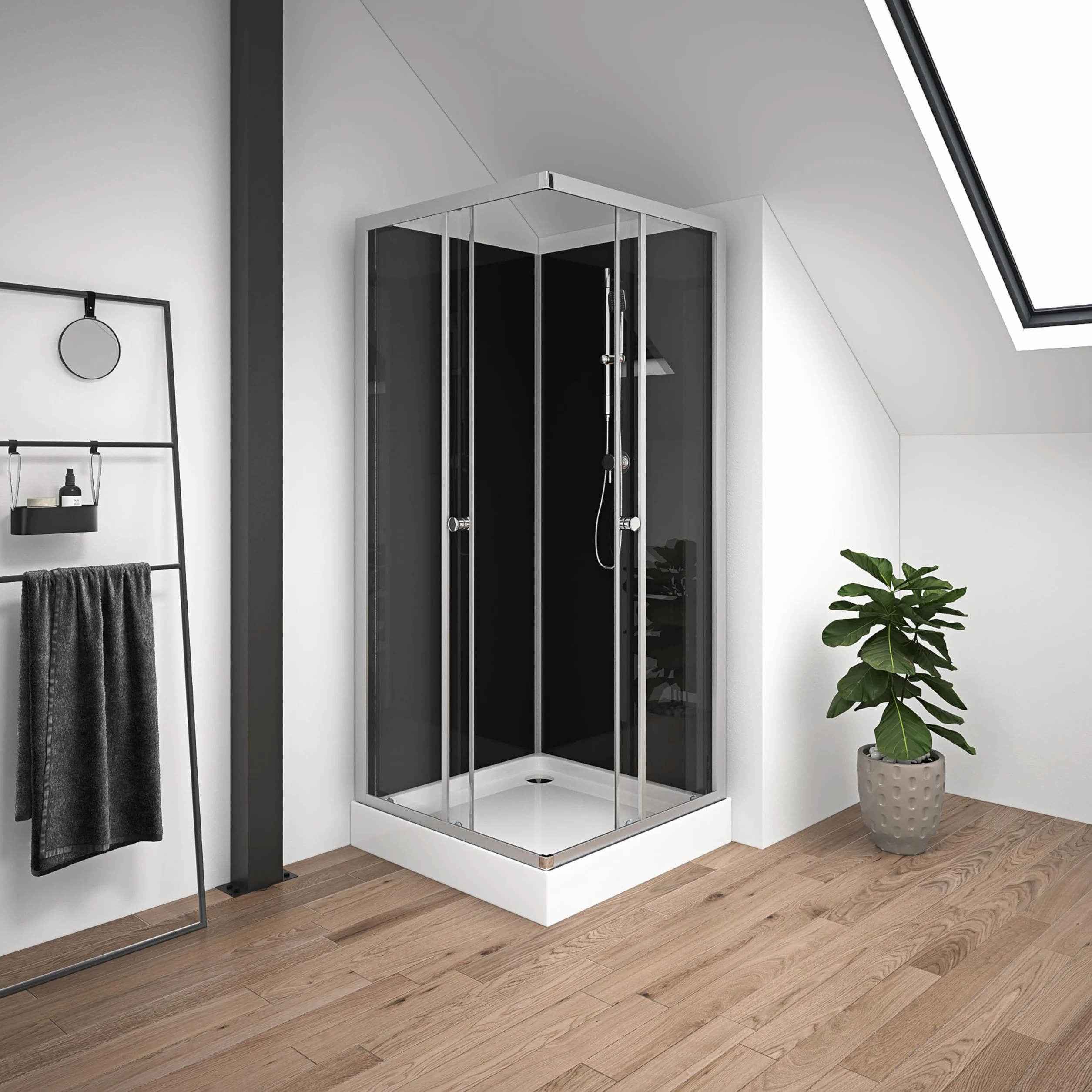 MARWELL Kompletny prysznic Black Reef – kabina prysznicowa 80 x 80 x 195 cm – z eleganckim wejściem narożnym i wygodną wysokością wejścia 15 cm – stylowy kompletny zestaw