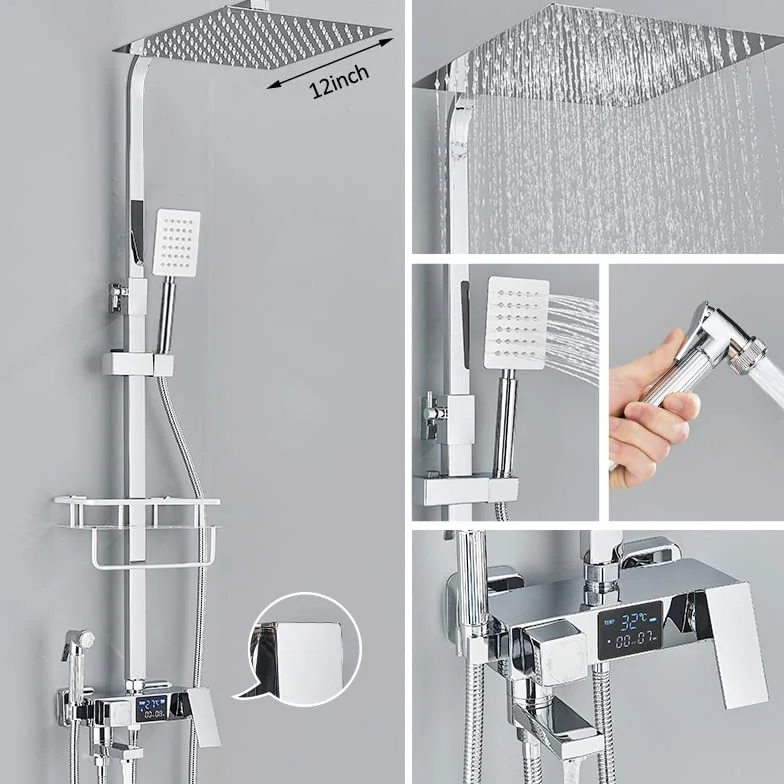 Czarny cyfrowy wyświetlacz termostatyczne baterie prysznicowe opady deszczu prysznic termostatyczny 4-kierunkowy mikser półka towarowa bateria do bidetu prysznic(Chrome Hot Cold 12in)