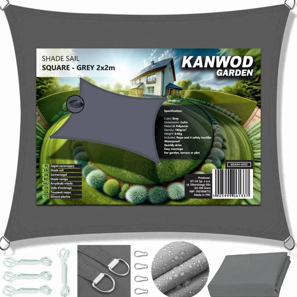 KANWOD Kwadratowy Żagiel Przeciwsłoneczny 2 x 2 m Wodoszczelny Ochrona UV Tkanina 180 g/m²