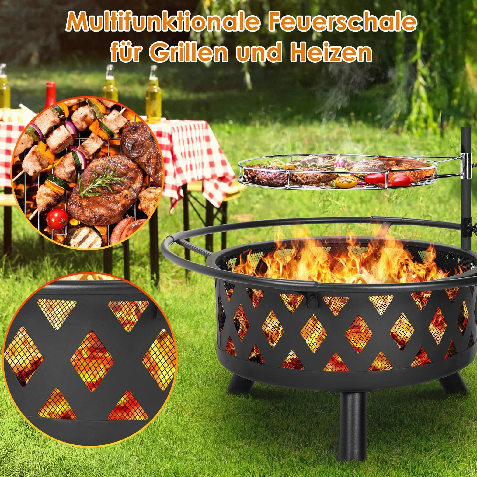 TLSUNNY Palenisko do grillowania Ø 76 cm z rusztem obrotowym, ochrona przed iskrami, kosz z pogrzebaczem, ogrodowe