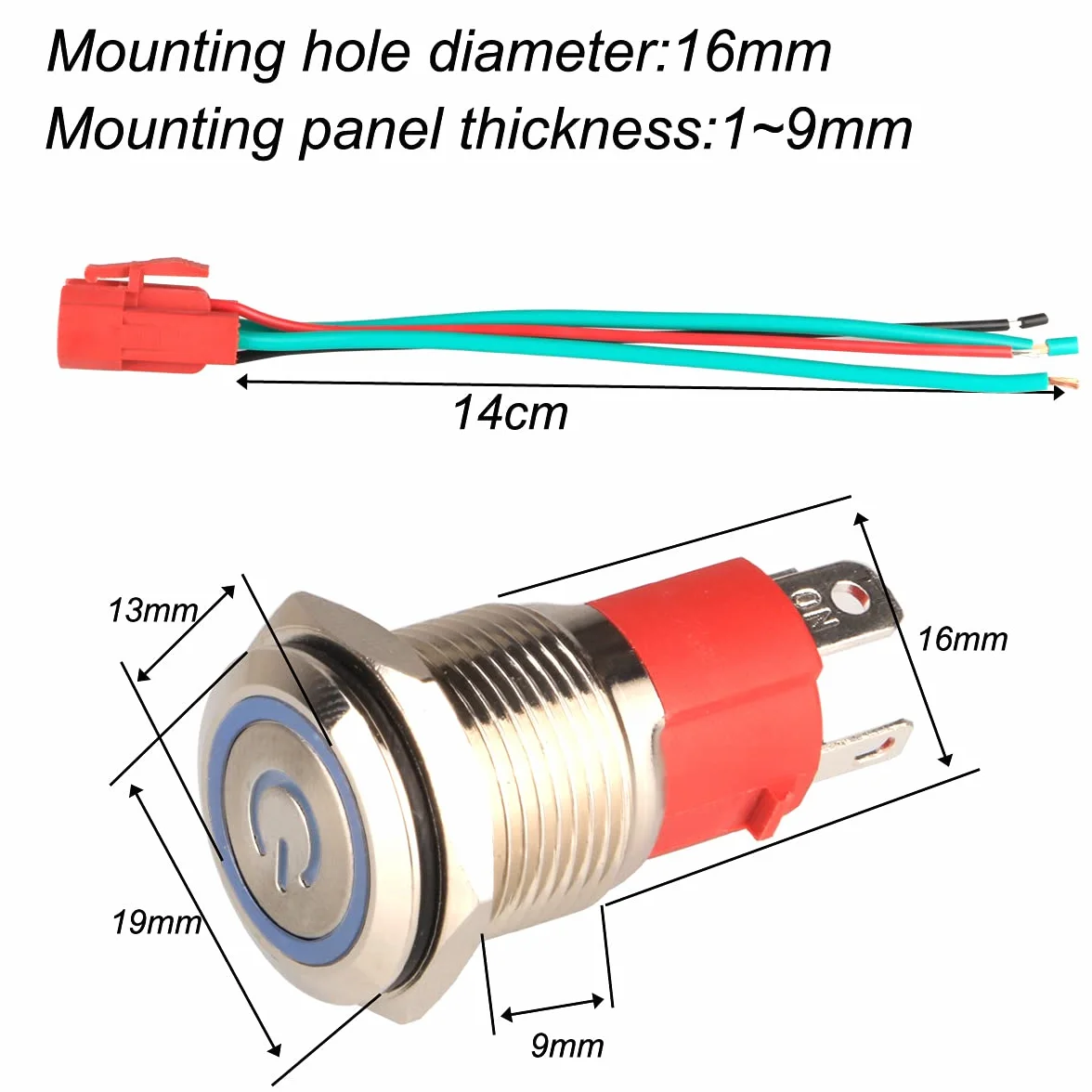 GUUZI 12V-24V/15A Zatrzaskowy Przełącznik Przyciskowy NO, Wodoodporny Zielony LED Oświetlony 16mm Metalowy Przycisk Uruchamiania Zasilania z Przewodem z Wtyczką Gniazda