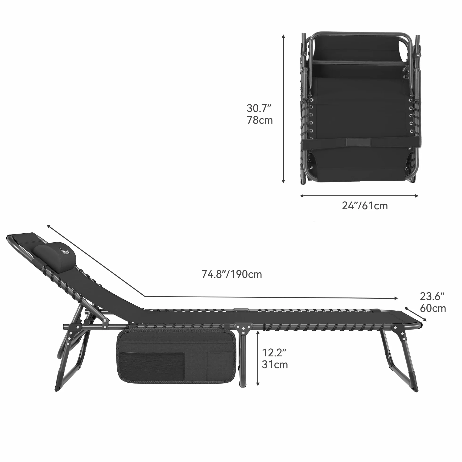 YITAHOME Leżak składany 190x60x31 cm 4 pozycje regulowane obciążenie 190 kg czarny