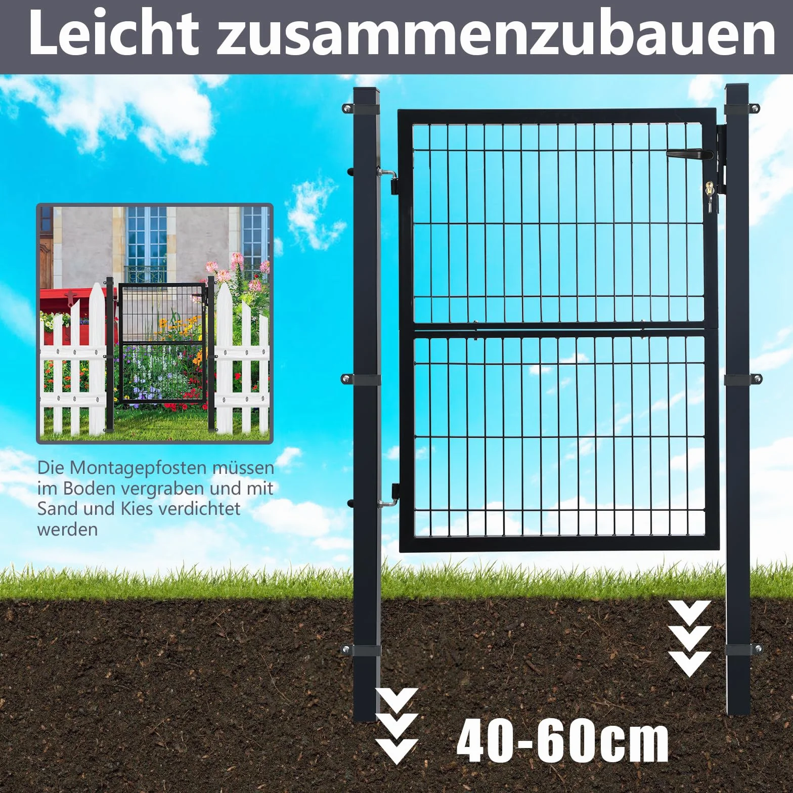 Fiqops Brama ogrodowa, antracytowa, 100 x 100 cm, drzwi ogrodowe ze stali ocynkowanej, drzwi ogrodzeniowe, drzwi na podwórko, w zestawie zamek i klamka i 3 klucze, ogrodzenie jest wytrzymałe i trwałe,
