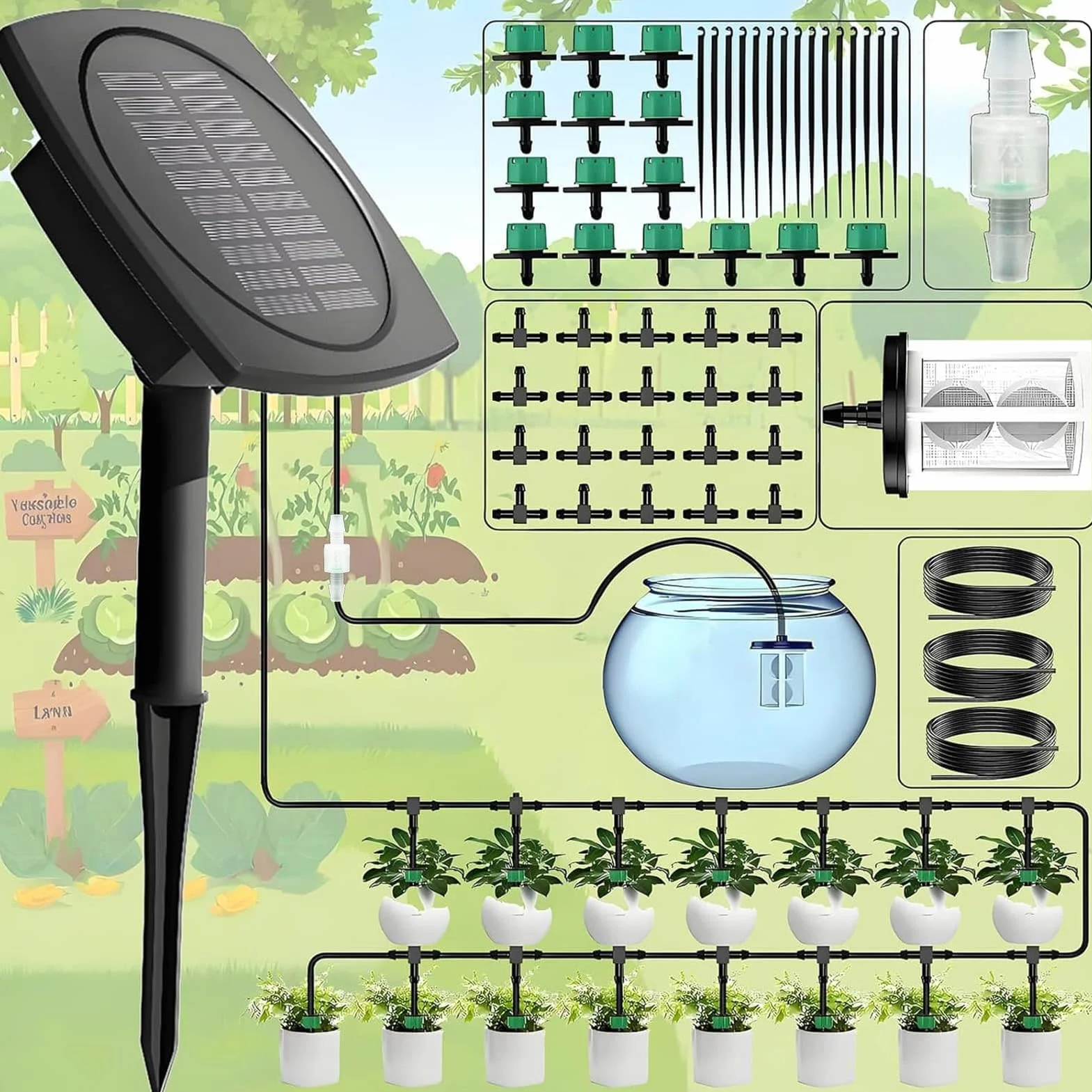 Yowin Automatyczny system nawadniania ogrodu solarnego z timerem, wąż 15 m, zraszacz do roślin