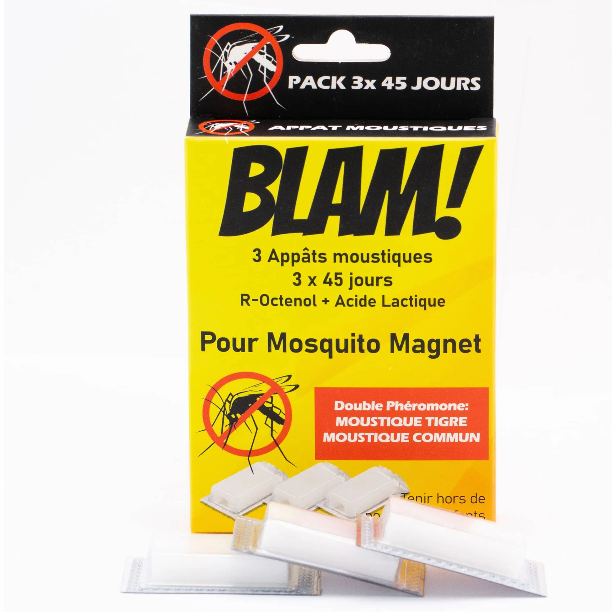 BLAM 3 przynęty na komary z magnesem Mosquito, podwójny feromon, R-Octenol, kwas mlekowy, 3 x 45 dni