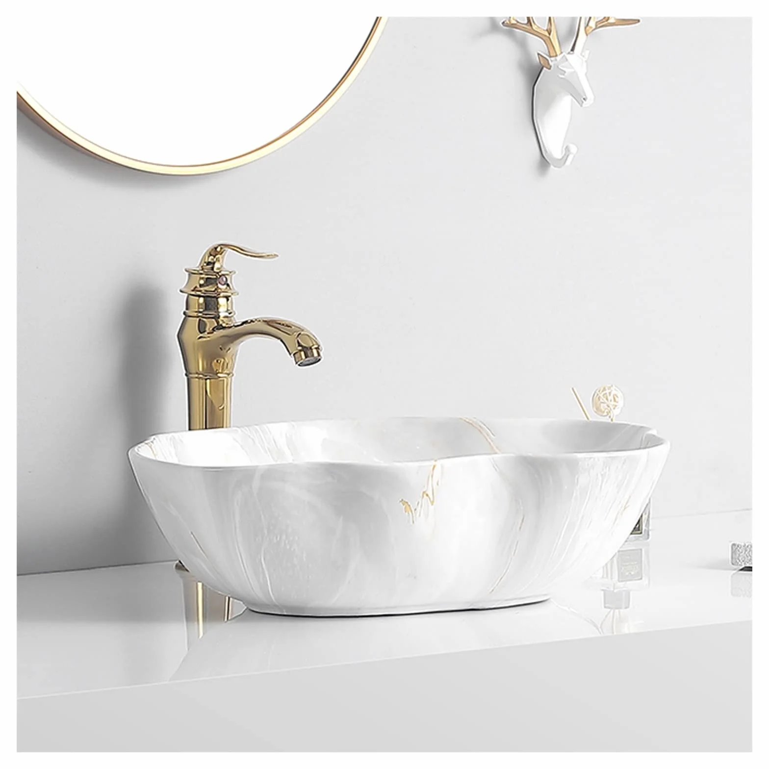 Umywalka nablatowa, umywalka nablatowa, umywalka łazienkowa, ceramiczna umywalka nablatowa, porcelanowa, prostokątna, czarna umywalka nablatowa ze złotymi liniami, zestaw czarnych kranów