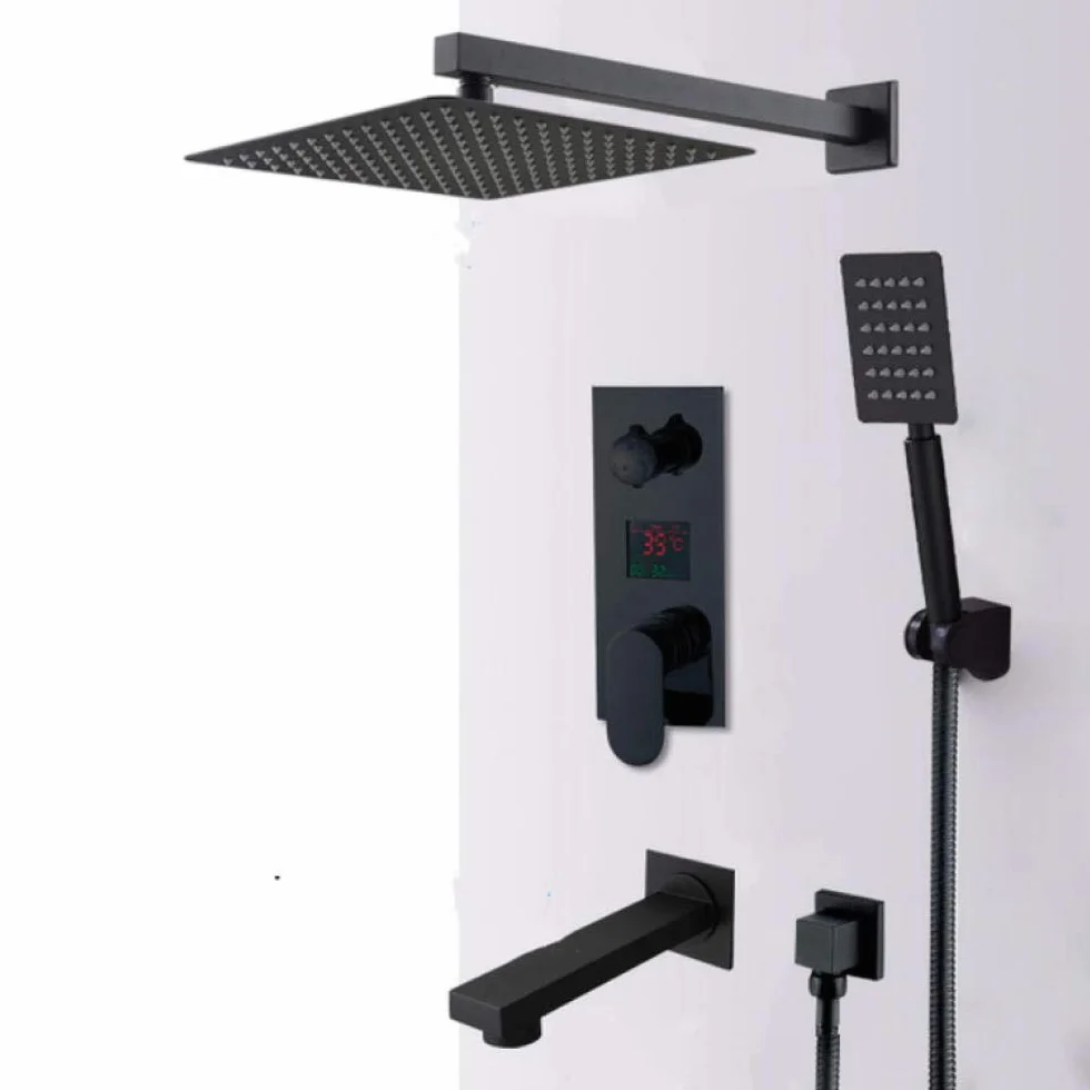 Zestaw baterii prysznicowych z cyfrowym wyświetlaczem LED, matowa czerń, 12 cali, z wodospadem deszczowym, system prysznicowy do wanny, cyfrowy mikser LED do wanny.