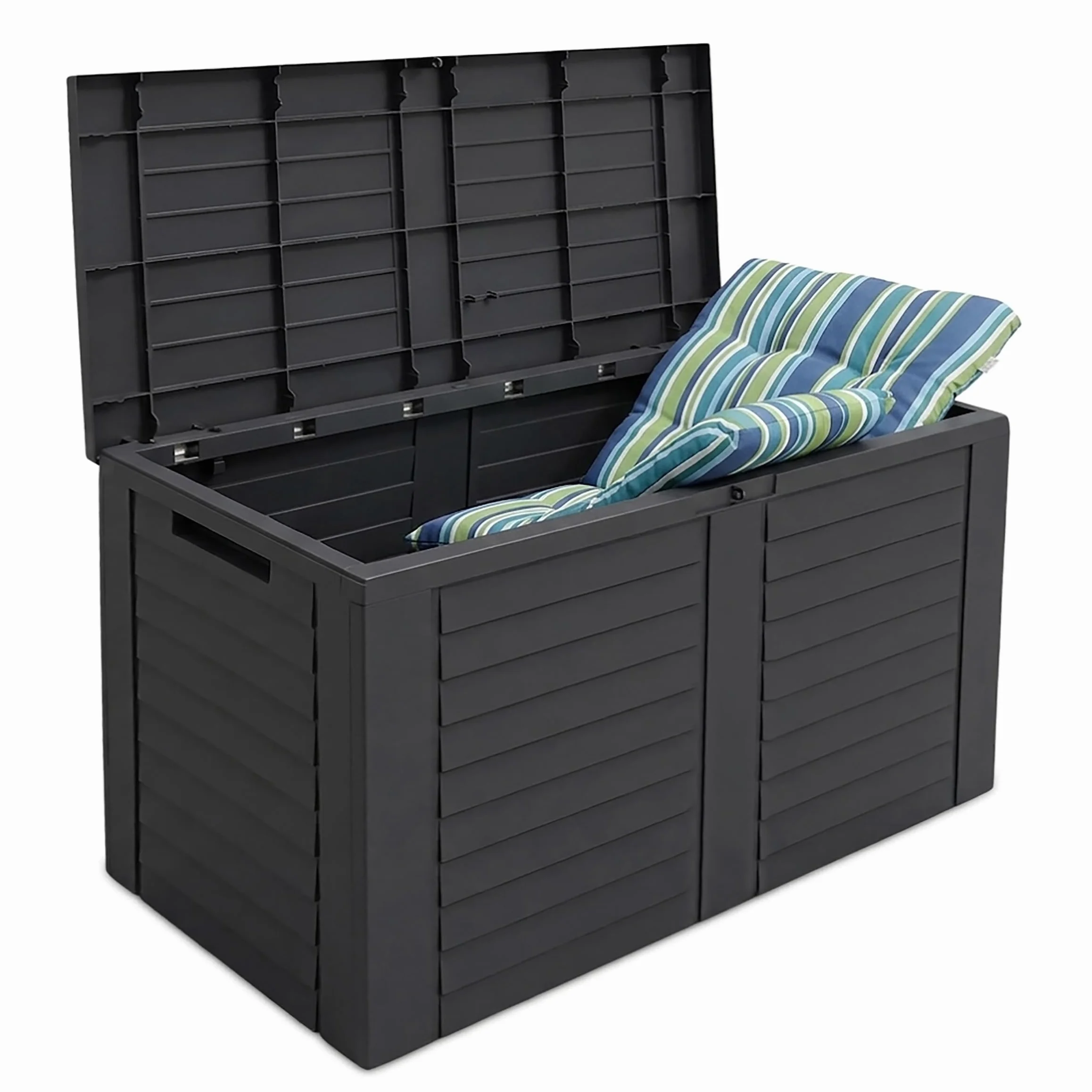 Spetebo plastikowa skrzynia na poduszki antracytowa w stylu drewna - 75 x 53 cm - skrzynia do przechowywania z pokrywą 160 L na poduszki - skrzynia ogrodowa na poduszki szydełkowe, skrzynia na