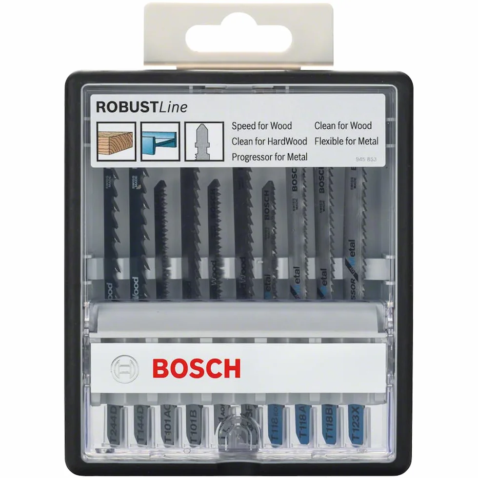 Bosch Professional 10-częściowy zestaw brzeszczotów do wyrzynarek w opakowaniu Robust (do drewna, metalu, laminatu, płyty meblowej, Akcesoria do wyrzynarek z uchwytem T)