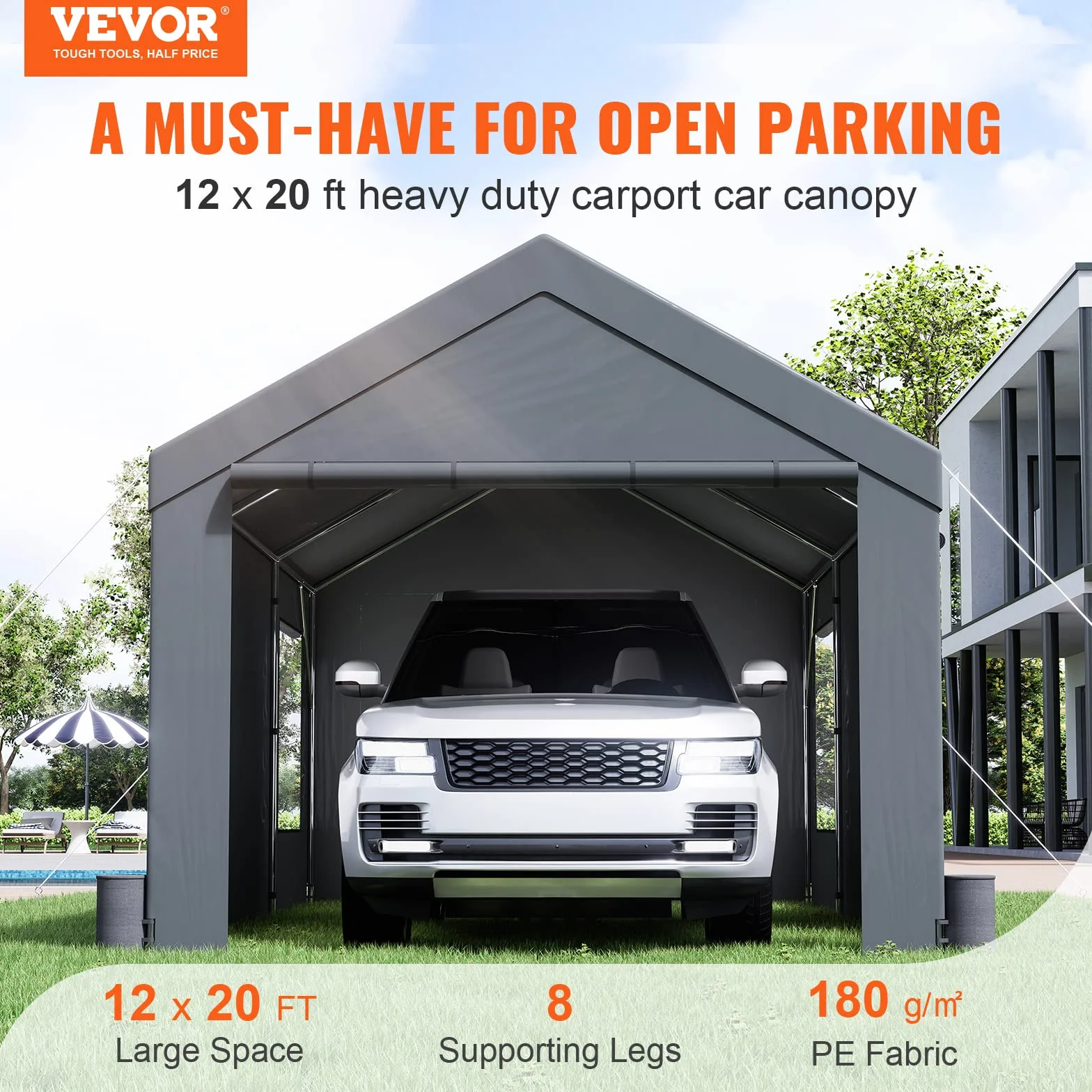 VEVOR Garaż namiotowy, 3,7 x 6 x 2,96 m, namiot garażowy z dwustronnie powlekanego PE 180 g/m² i ocynkowanej rury stalowej, namiot magazynowy, średnica kolumny, namiot narzędziowy dla 2-3 osób
