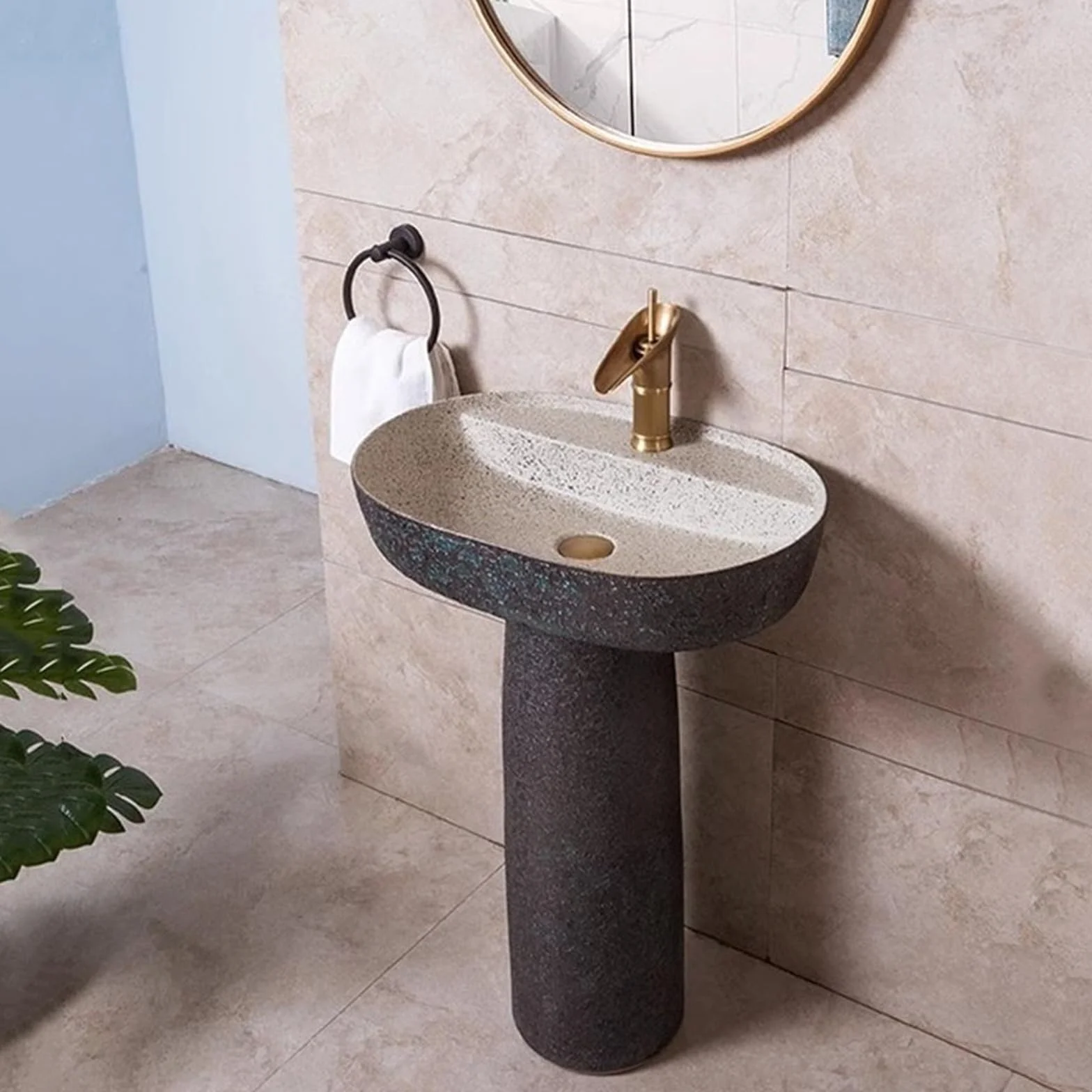 Cokół umywalka ceramiczna umywalka, 2-częściowa umywalka stojąca, styl przemysłowy matowa podstawa umywalka łazienkowa z pojedynczym otworem na baterię umywalka stojąca, 2