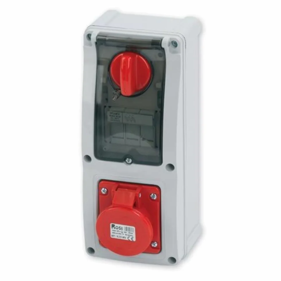 Pionowe gniazdo wtykowe z wyłącznikiem, z przełącznikiem, montowane na ścianie, dolne, uchwyt bezpiecznika, 380 V, 415 V, 5-biegunowe, 3P+N+T, 16A, IP54, do użytku wewnętrznego