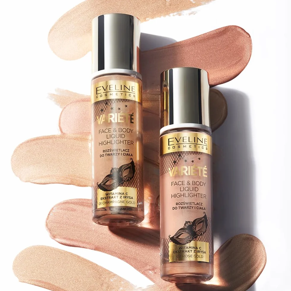 Eveline Cosmetics Varit płynny rozświetlacz do twarzy i ciała – nr 01 Champagne Gold | wszechstronna formuła na policzki, oczy, usta i ciało | wzbogacony witaminą C i wyciągiem z irysa