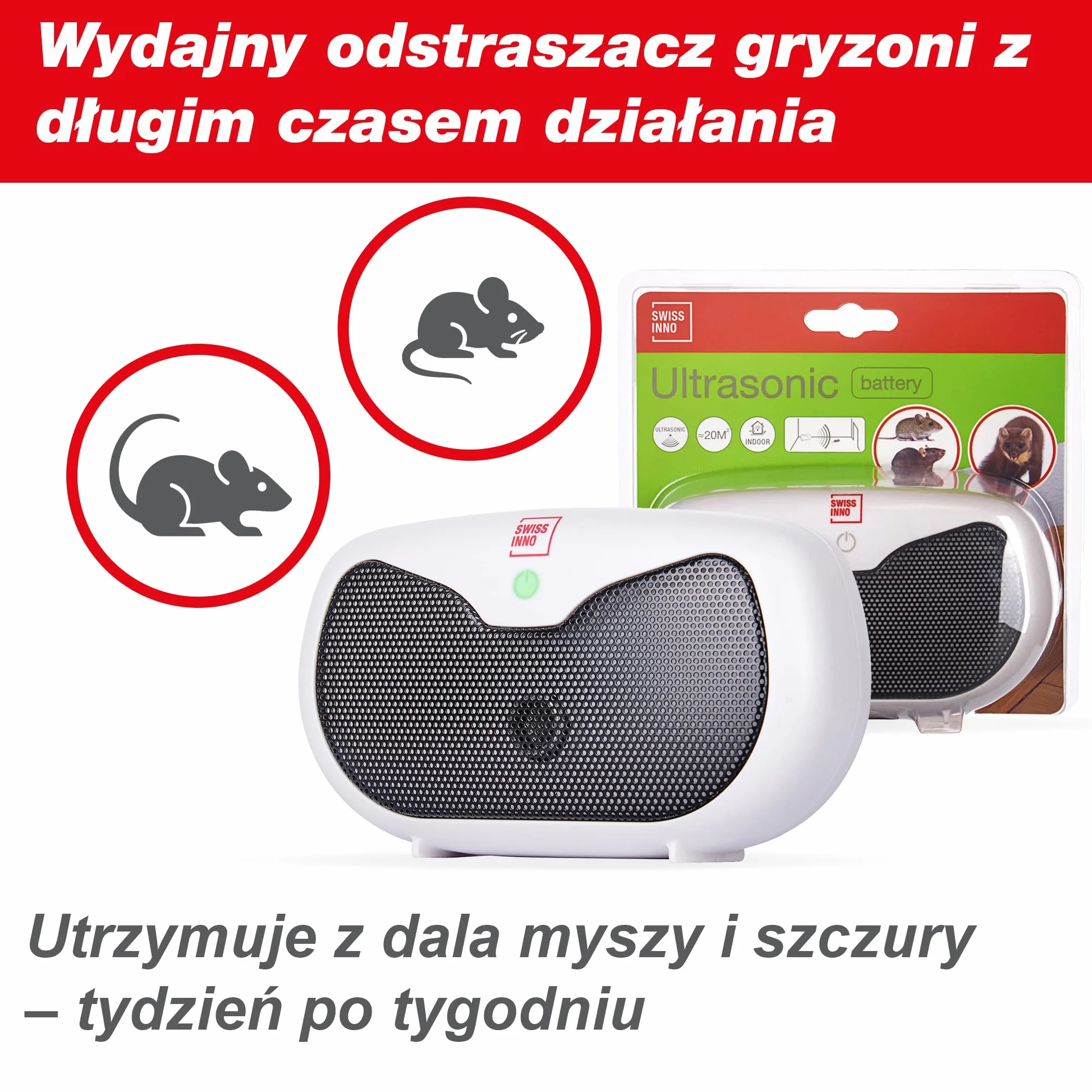 SWISSINNO Odstraszacz Ultradźwiękowy na Baterie 20 m² Przenośny Ochrona przed Gryzoniami i Kunami