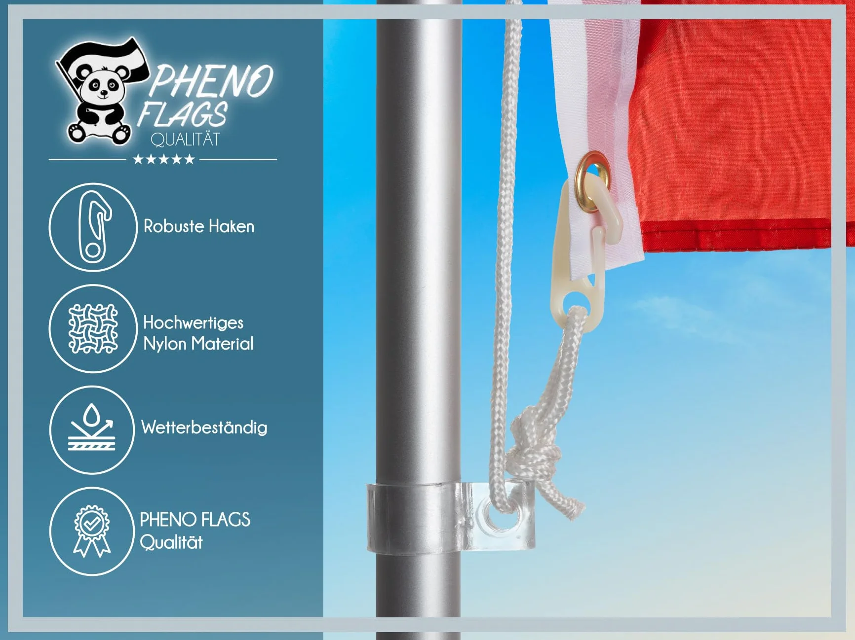 PHENO FLAGS Lina flagowa 15 m do masztu flagowego z 4 klipsami na haczyki – wysokiej jakości lina flagowa – długość 15 metrów do użytku na zewnątrz