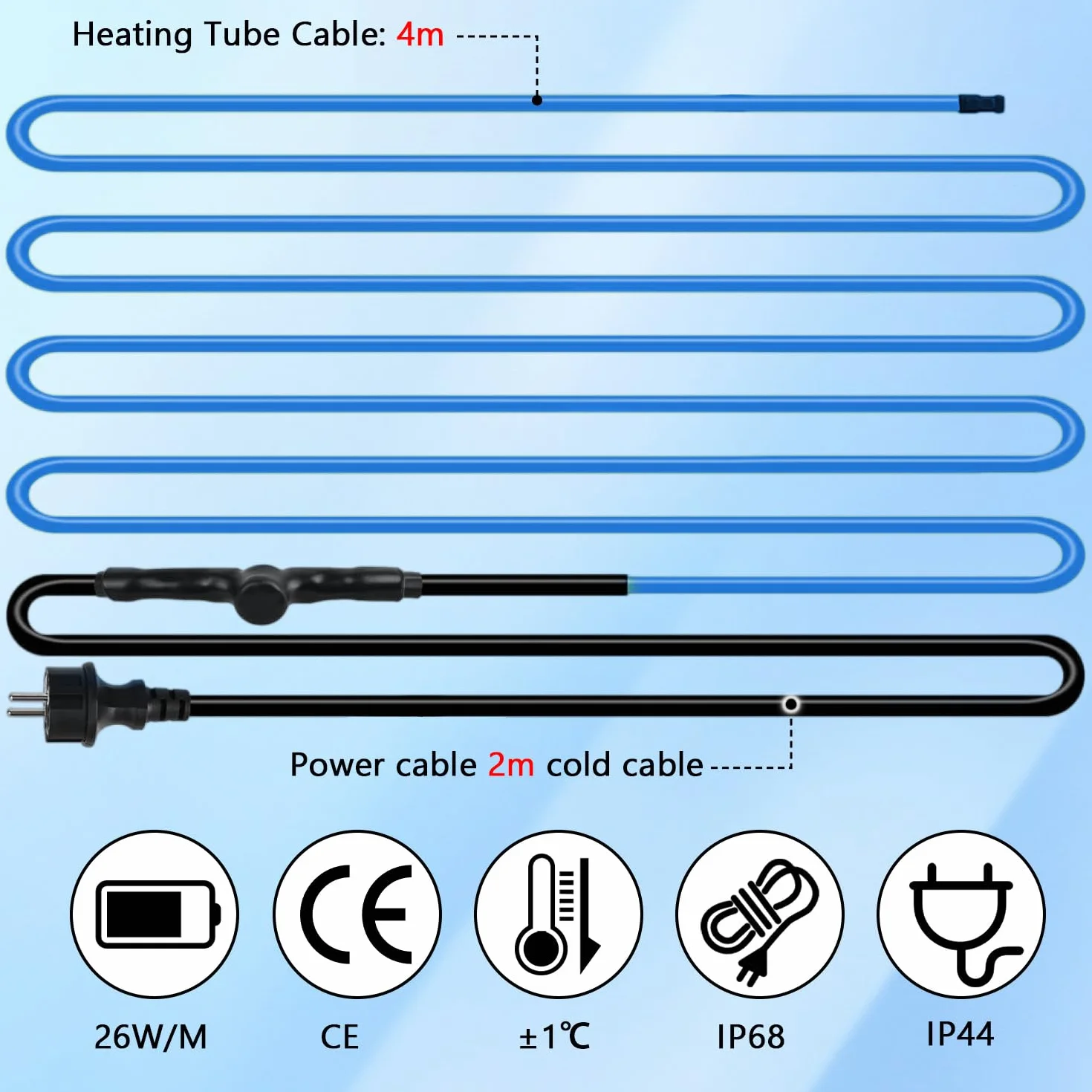 Kabel grzewczy, taśma grzewcza 4 m, samoregulująca z wbudowanym termostatem, ogrzewanie rynny dachowej 26 W/M, samoregulujący, z wtyczką z zestykiem ochronnym, kabel chroniący rośliny i rury wodne