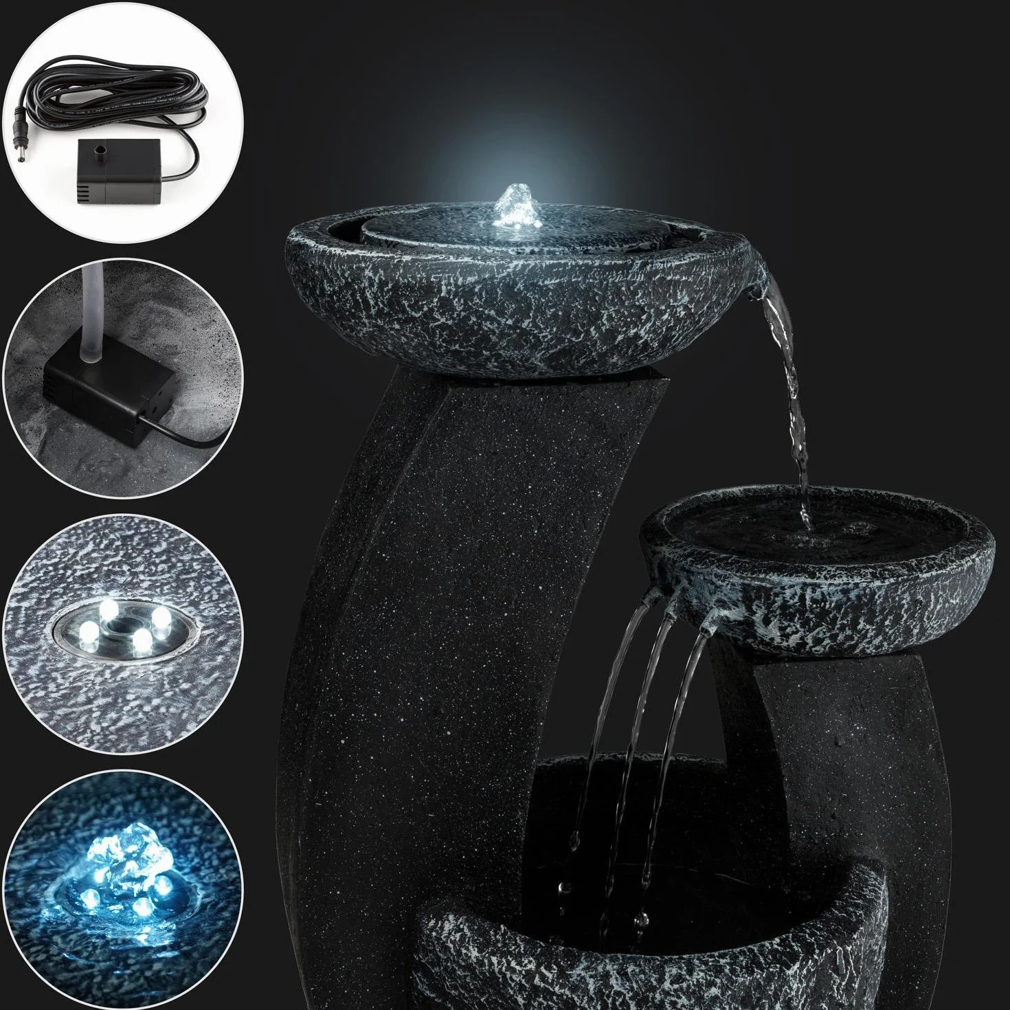 Blumfeldt Fantaghiro fontanna ogrodowa - fontanna ozdobna , 3W , minipompa do 250 l/h , solarna dioda LED , do użytku wewnątrz lub na zewnątrz , 3-stopniowe zbiorniki na wodę z kaskadami , polyresin o wyglądzie kamienia , czarny