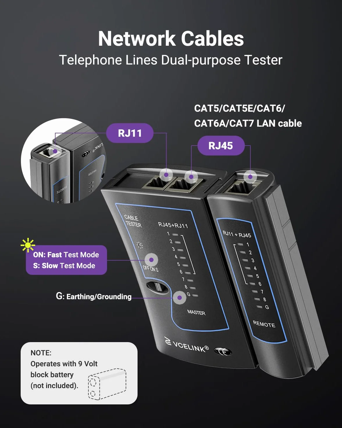 VCELINK Tester kabli sieciowych, tester RJ45 LAN do kabli CAT7, CAT6, CAT5E, CAT5 i kabla telefonicznego RJ11, czarny, 1 sztuka