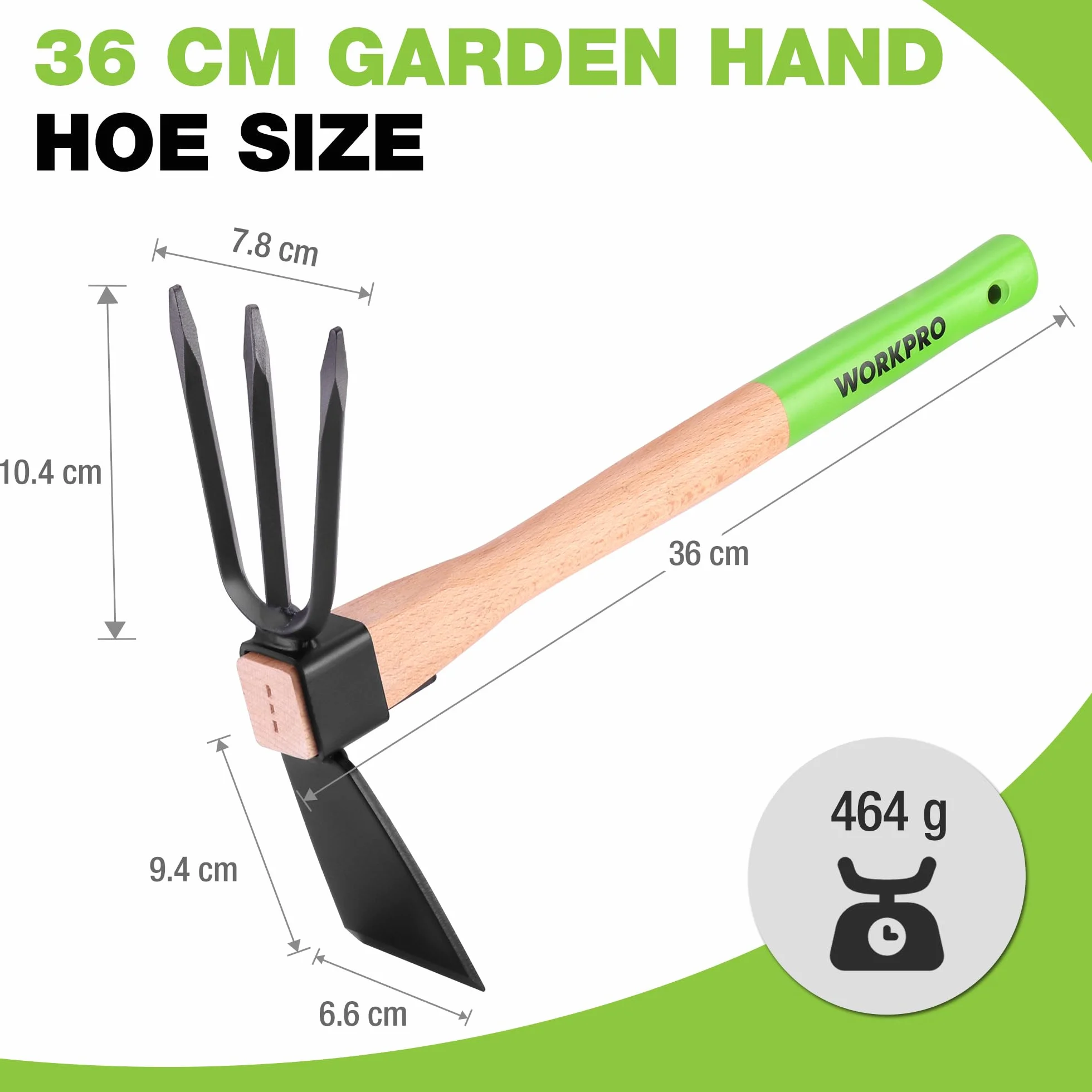 WORKPRO Motyka i kultywator grabie ogrodowe z drewnianym uchwytem 35 cm, ostrym ostrzem motyki i wytrzymałym 3 pazurami, 2 w 1, wytrzymałe narzędzia ręczne do kopania, spulchniania gleby, pielenia