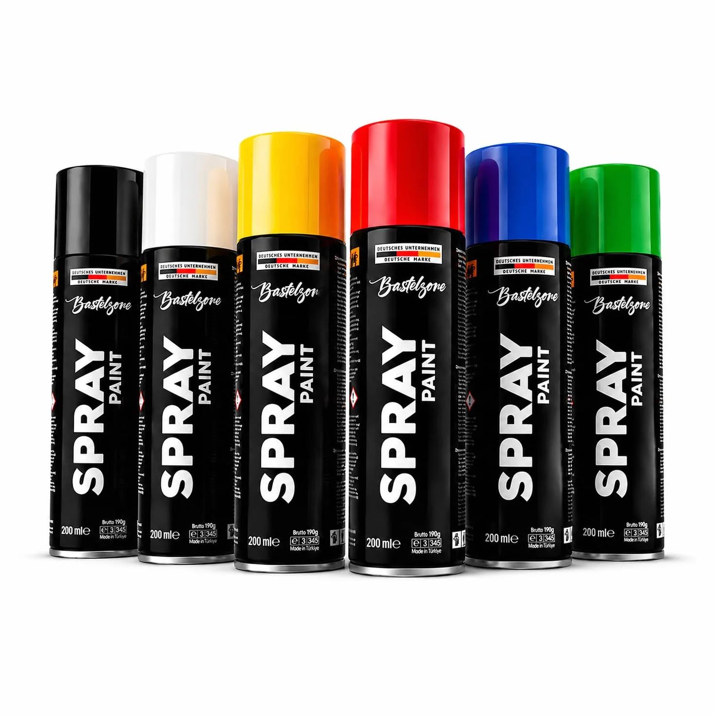 Zestaw farb w sprayu, 6 kolorów, 200 ml, każda szybkoschnąca puszka w sprayu graffiti do drewna, kamienia, metalu, szkła, czarny, biały, niebieski, zielony, czerwony, żółty