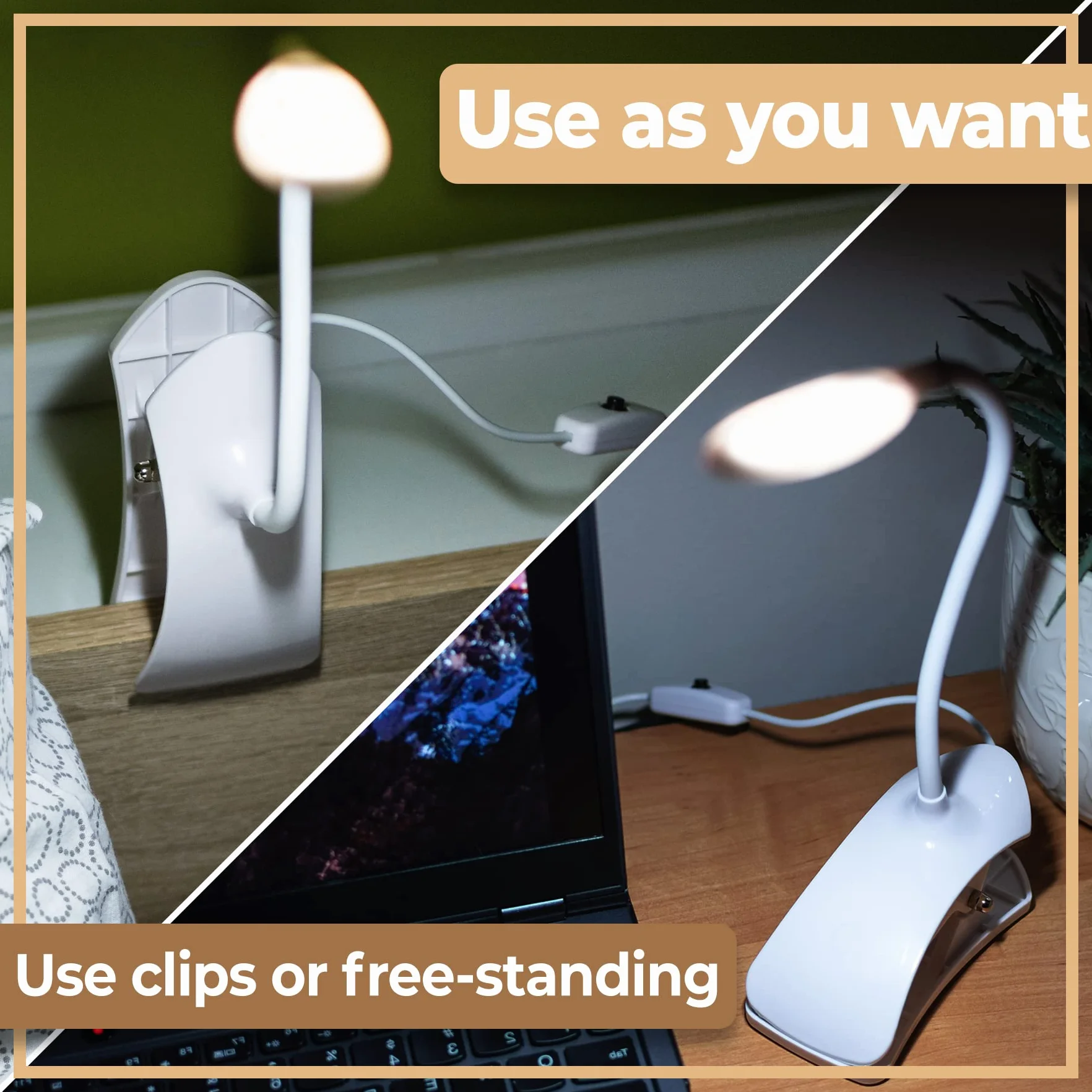 Retoo Lampa do czytania książek, zacisk, USB, do wielokrotnego ładowania, 360°, elastyczna lampa zaciskowa z 14 diodami LED, bezstopniowa jasność, lampka do łóżka, do podróży, łóżka, nauki, pracy