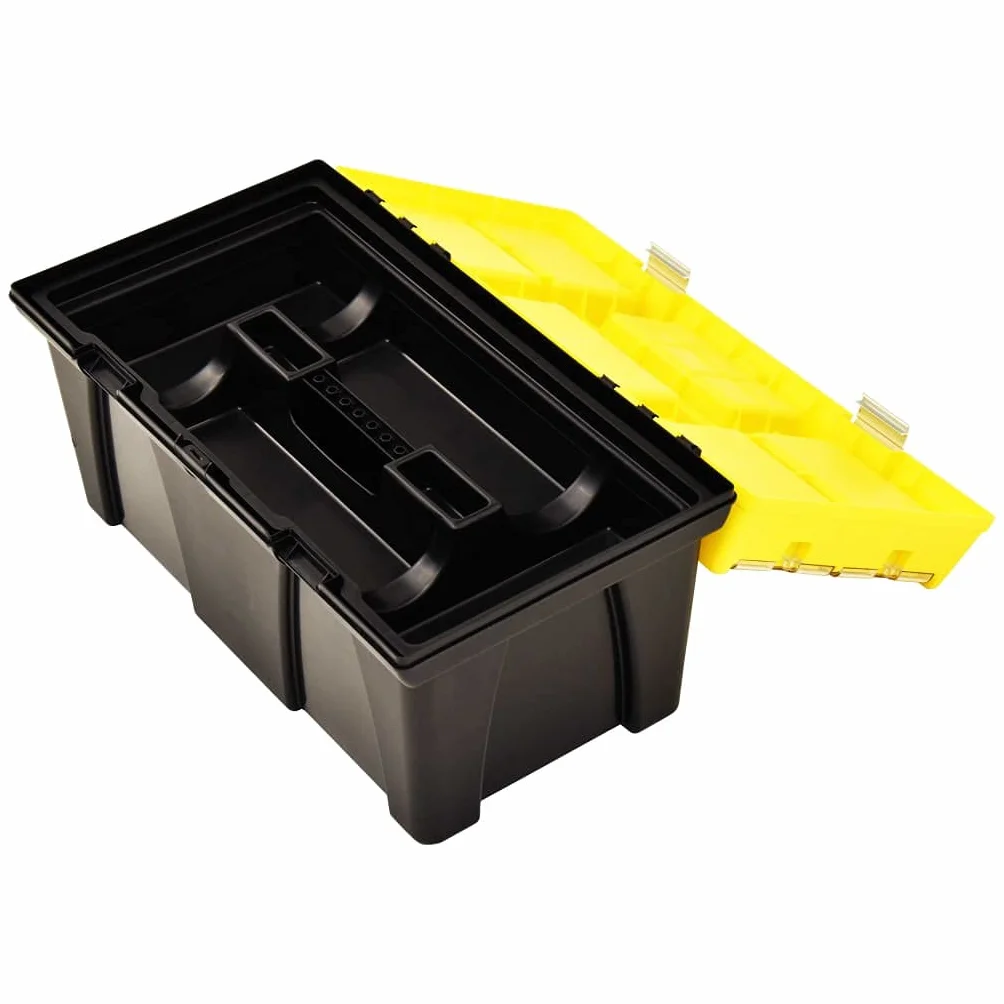 Walizka narzędziowa z tworzywa sztucznego, 595 x 337 x 316 mm, żółta, czarna, organizer z przezroczystymi pokrywkami, regulowanymi ściankami działowymi, transport do garażu, warsztatu