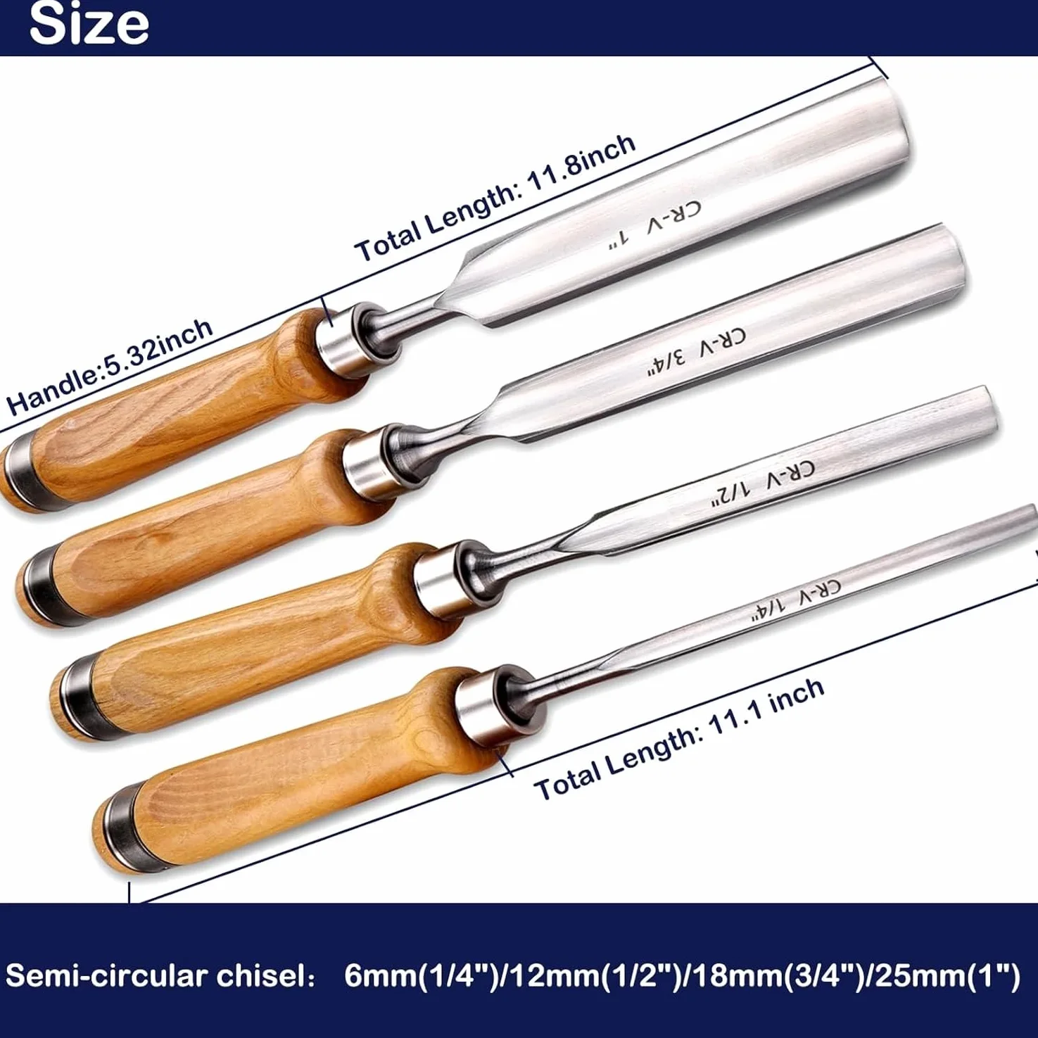 Zestaw dłut do drewna ze stal CR-V do obróbki drewna wypukłe półokrągłe dłuto 1 cal (25 mm), 4Pcs-4Rozmiary, 4Pcs-4Rozmiary