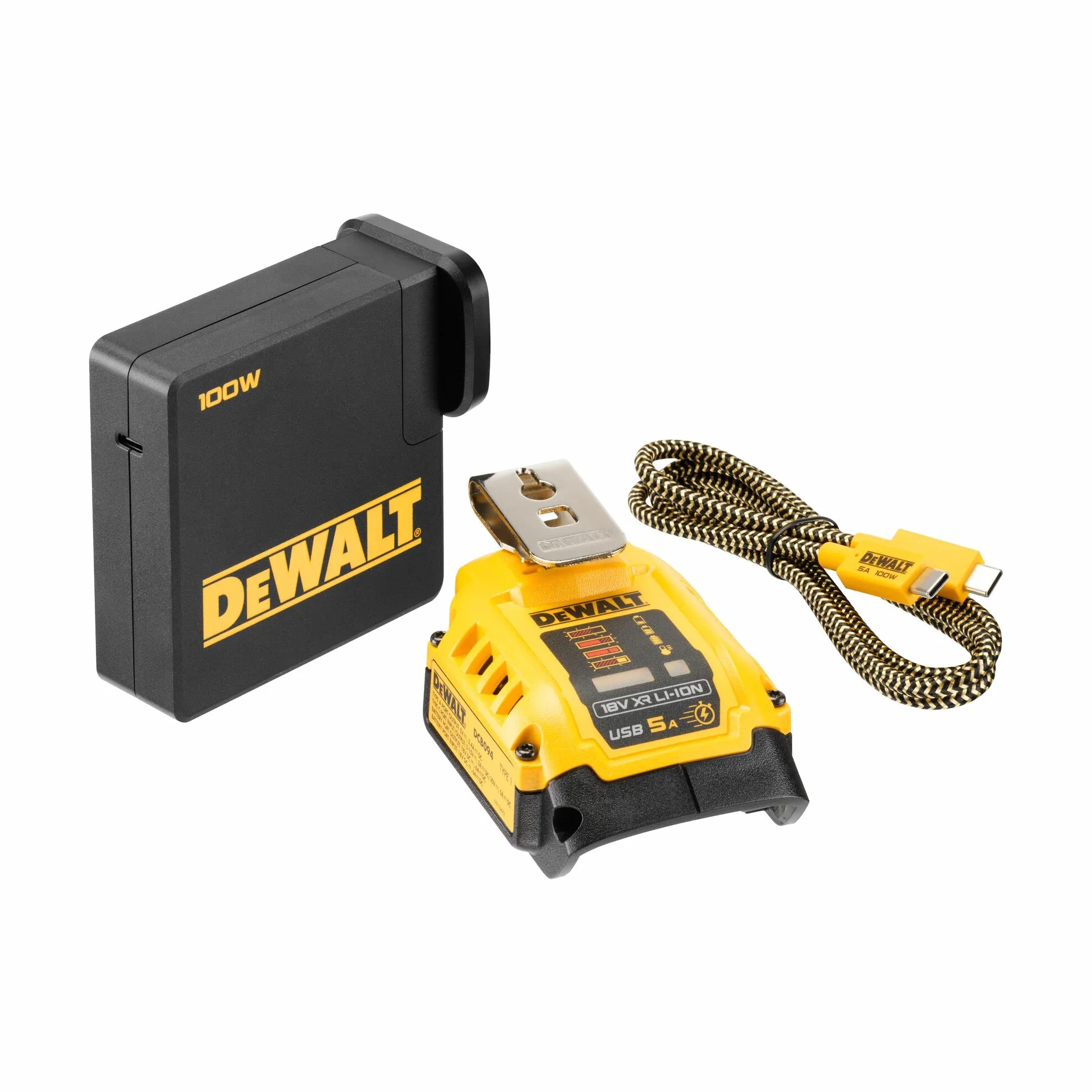 DEWALT DCB094K-QW ładowarka kombi z funkcją powerbanku, do wszystkich akumulatorów XR i XR Flexvolt 18 V, 5A 230 V, w zestawie kabel USB-C (E), metalowy haczyk do paska