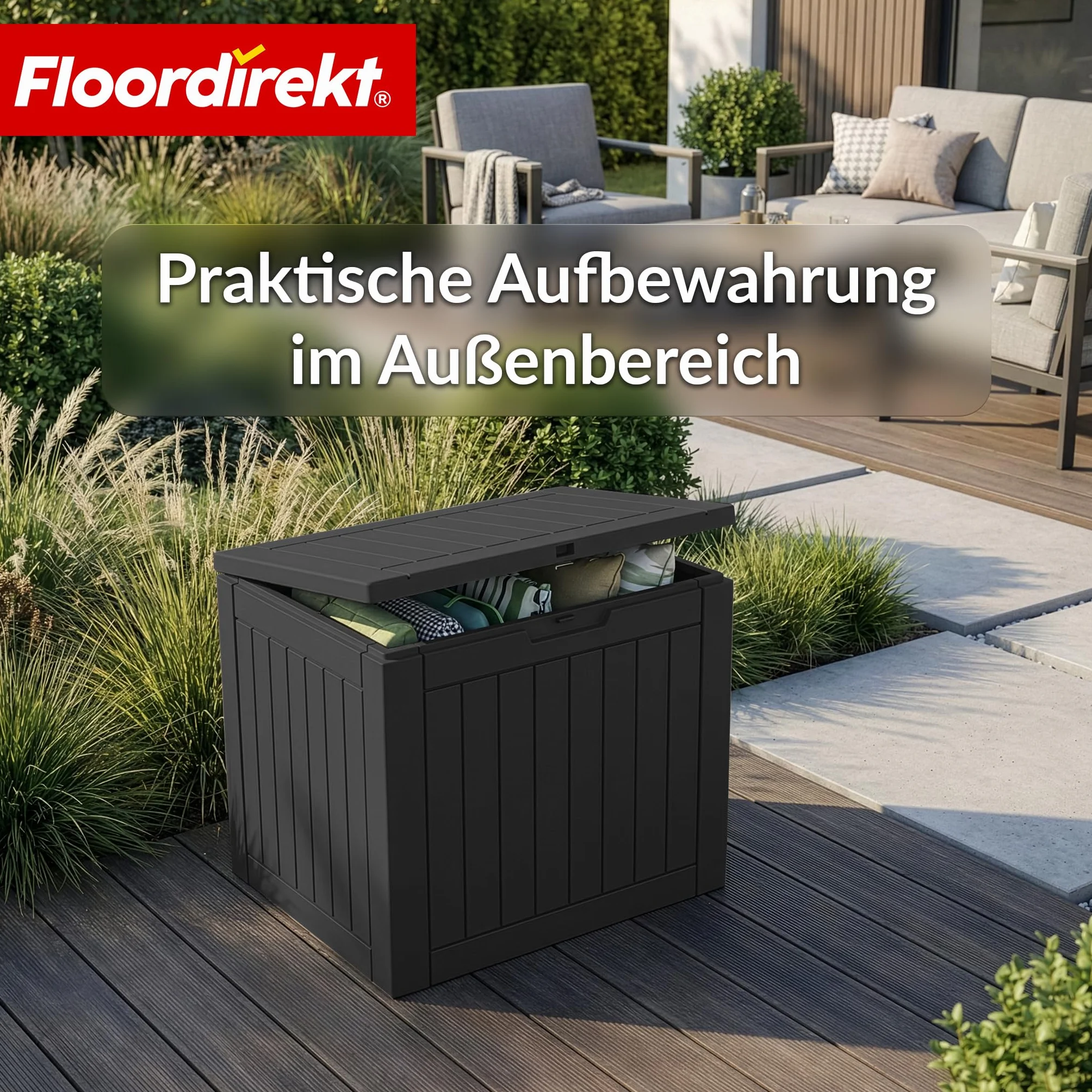 Floordirekt Pudełko do przechowywania, antracytowe, odporne na warunki atmosferyczne, na taras i balkon, 118 l, skrzynia ogrodowa, 56 x 43 x 53 cm (118 l)