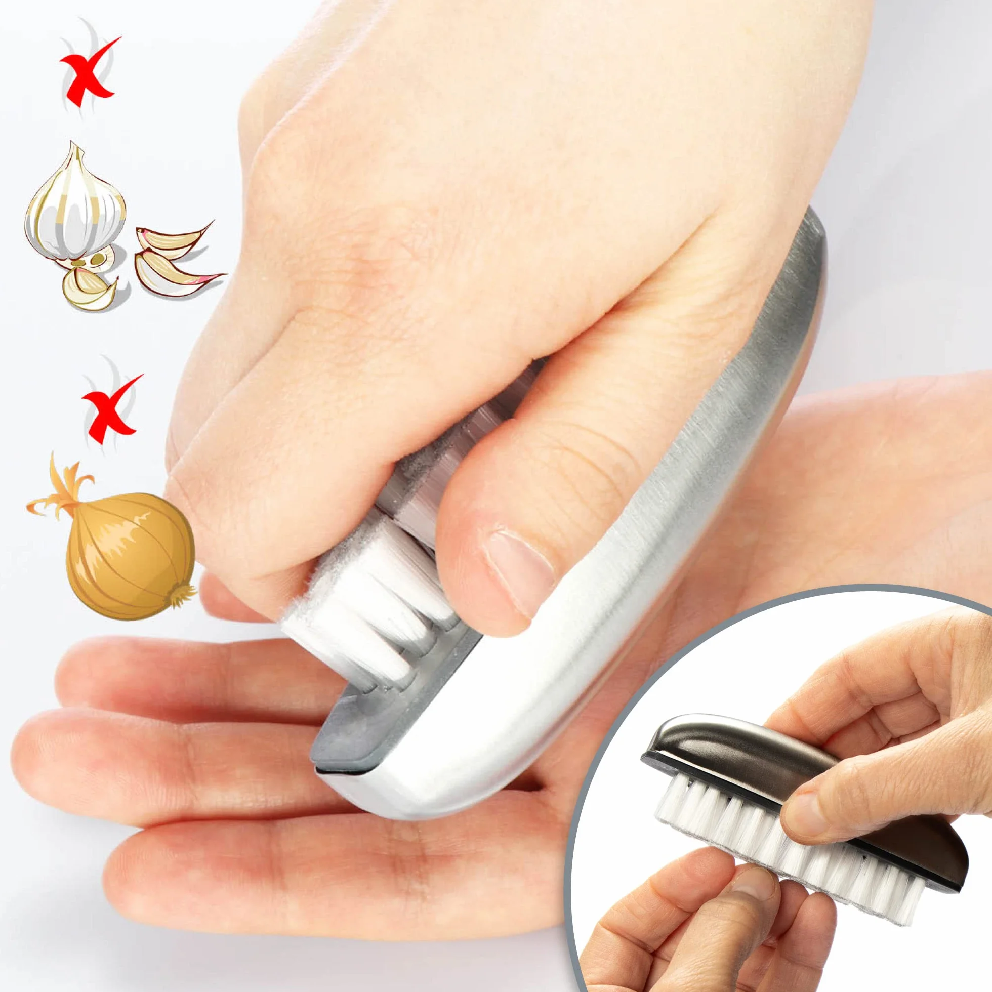 COM-FOUR® 2x Szczotka do Mycia Rąk ze Stali Nierdzewnej - Neutralizator Zapachów z Włosiem Czyszczącym - do Paznokci (02 Szt.)