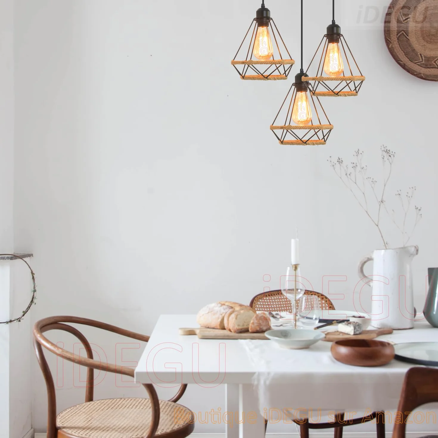 iDEGU 3 lampy przemysłowe lampa wisząca 20 cm żyrandol sufitowy vintage czarny lampa klosz metalowa klatka i lina konopna E27 oświetlenie sufitowe do jadalni, salonu, restauracji