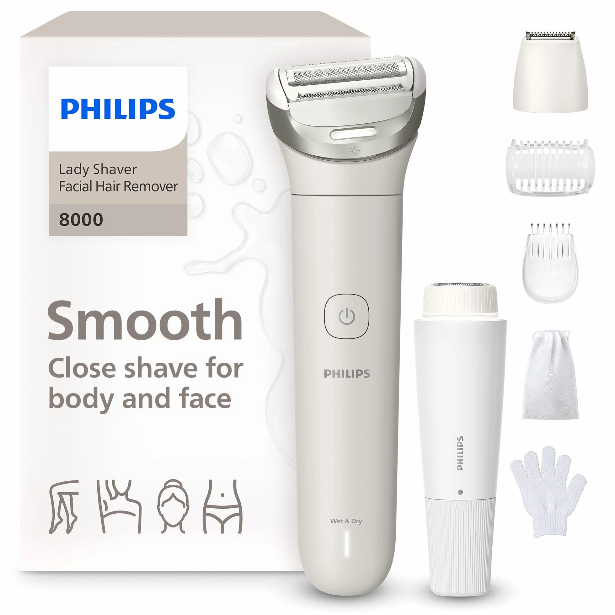 Philips Golarka damska serii 8000 – bezprzewodowa golarka elektryczna do golenia na mokro i na sucho, elastyczna głowica goląca, do twarzy, nóg, ciała i okolic bikini, model BRL159/00