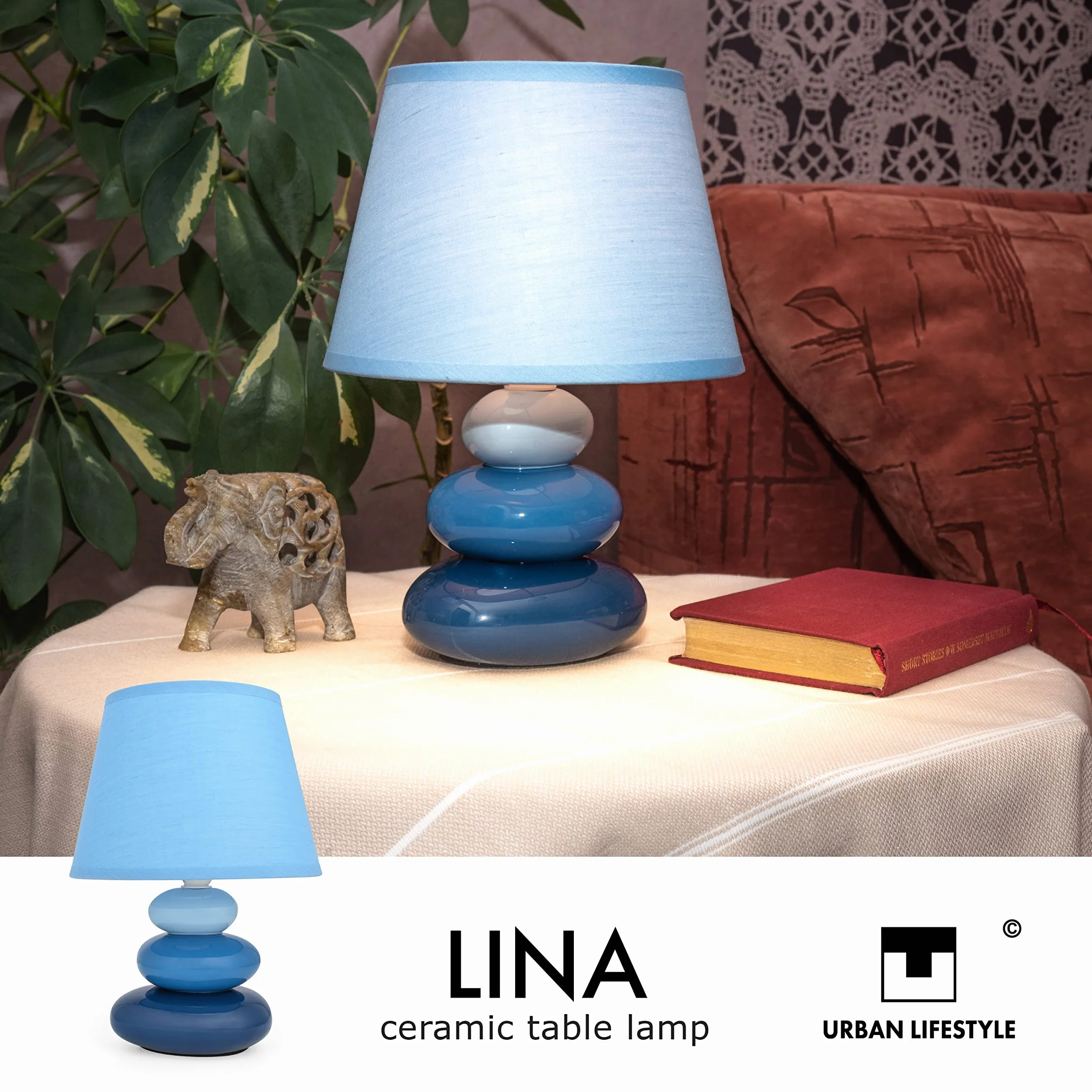 Lampka nocna "Lina" (niebieska) lampa stołowa ceramiczna lampa stołowa z abażurem z materiału, nadaje się do LED, E14 230 V, ceramika, lampa stołowa, lampka nocna, lampa okienna, lampa na sofę, lampy