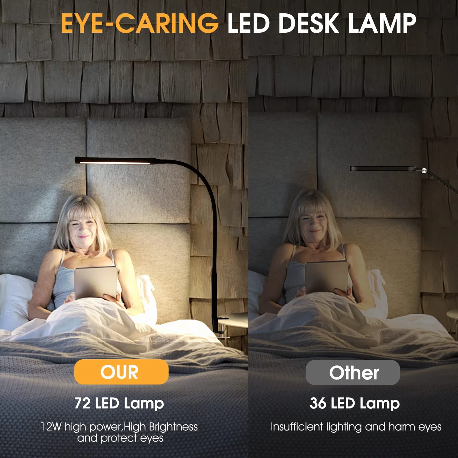 Voncerus lampa biurkowa LED z zaciskiem, do domowego biura, 3 tryby świecenia, 10 jasności, długa elastyczna gęsia, metalowa, huśtawka z adapterem USB, czarna