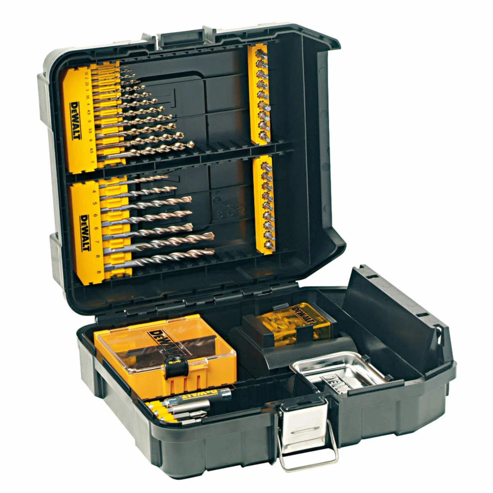 DeWalt Maxisafe walizka z akcesoriami XL (63-częściowy zestaw, z wiertłem do kamienia Extreme DeWalt i wiertłem do metalu, bitami 25 mm, bitami 50 mm i magnetycznym uchwytem do bitów) DT9281