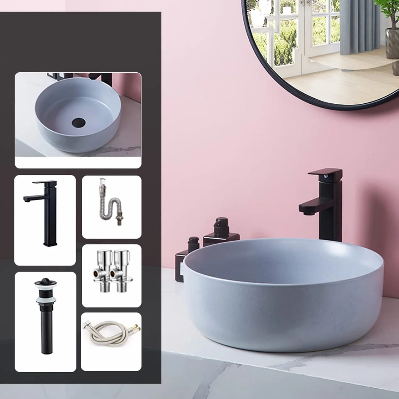 Umywalka Łazienkowa Nablatowa, Okrągła Porcelanowa Umywalka Artystyczna Z Czarnym Kranem I Odpływem, Ceramiczna Umywalka Nablatowa Do Łazienki W Barze