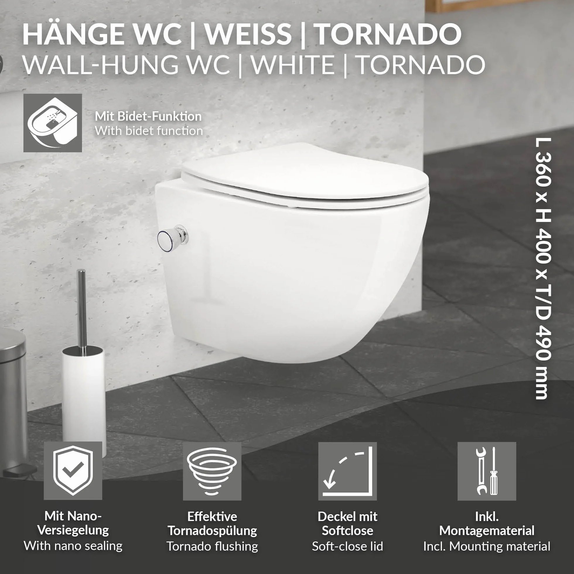 LuxeBath Miska WC Wiszaca Bezrantowa z Funkcja Bidetu, Biala, Nanopowloka, Spluczka Tornado, Ceramiczna, Krótka 49 cm, Blyszczaca z Deska Sedesowa z Cichego Domykania