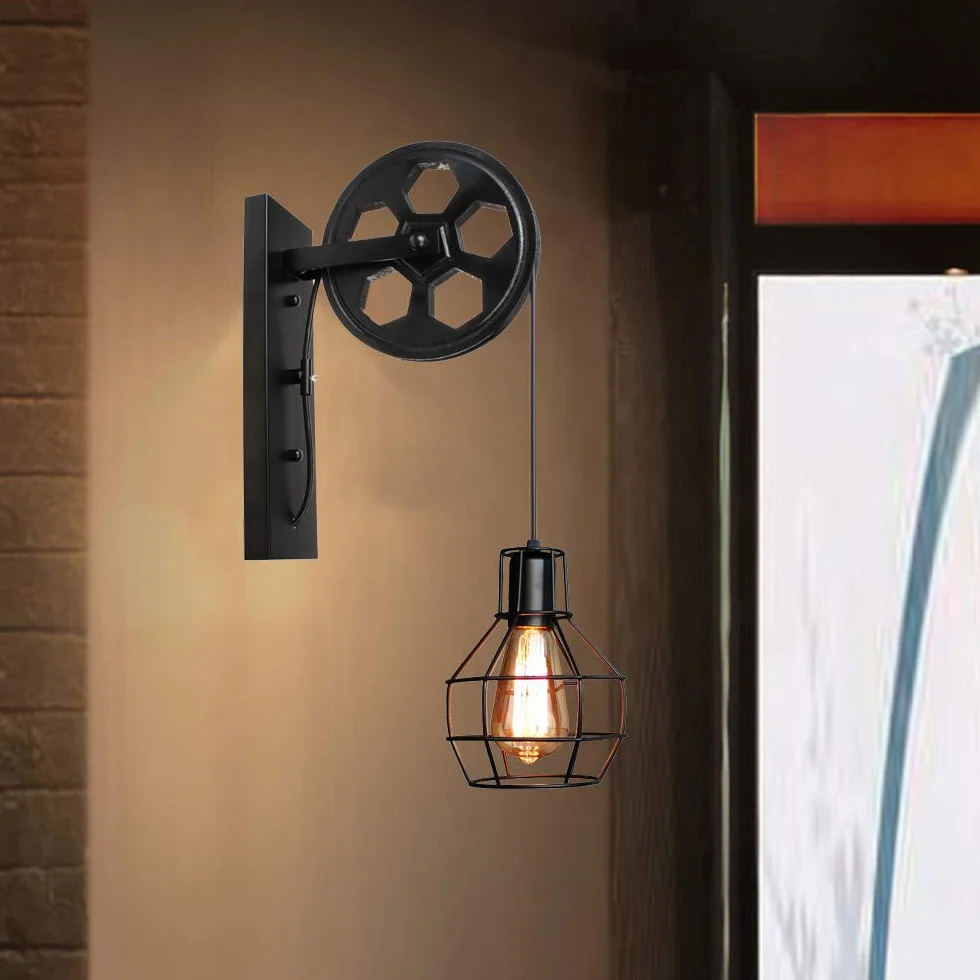 Lampa ścienna Vintage Industrialna Kinkiet Pulley Wewnętrzny Retro Lampa Wisząca E27 Metal Klatka Czarny Loft Stylu dla Sypialnia Regulowana Lina 60W Kinkiet (3 szt)
