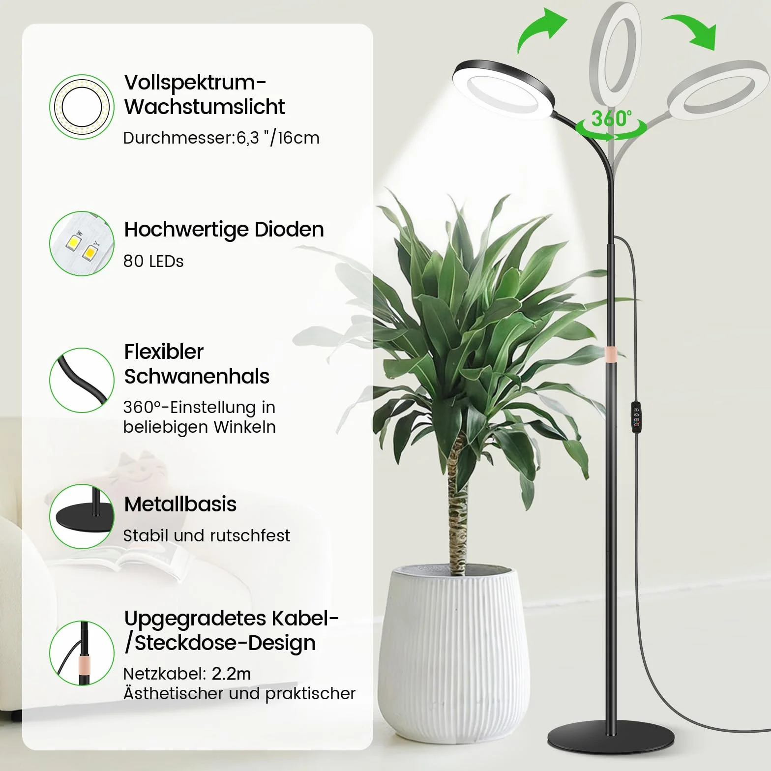 Dhapy Lampa LED do uprawy roślin pokojowych, z podstawką, 80 diod LED, 3 tryby świecenia i 5 jasności, lampa do roślin z timerem 6/12/16H, 58 cm~170 cm, regulacja wysokości