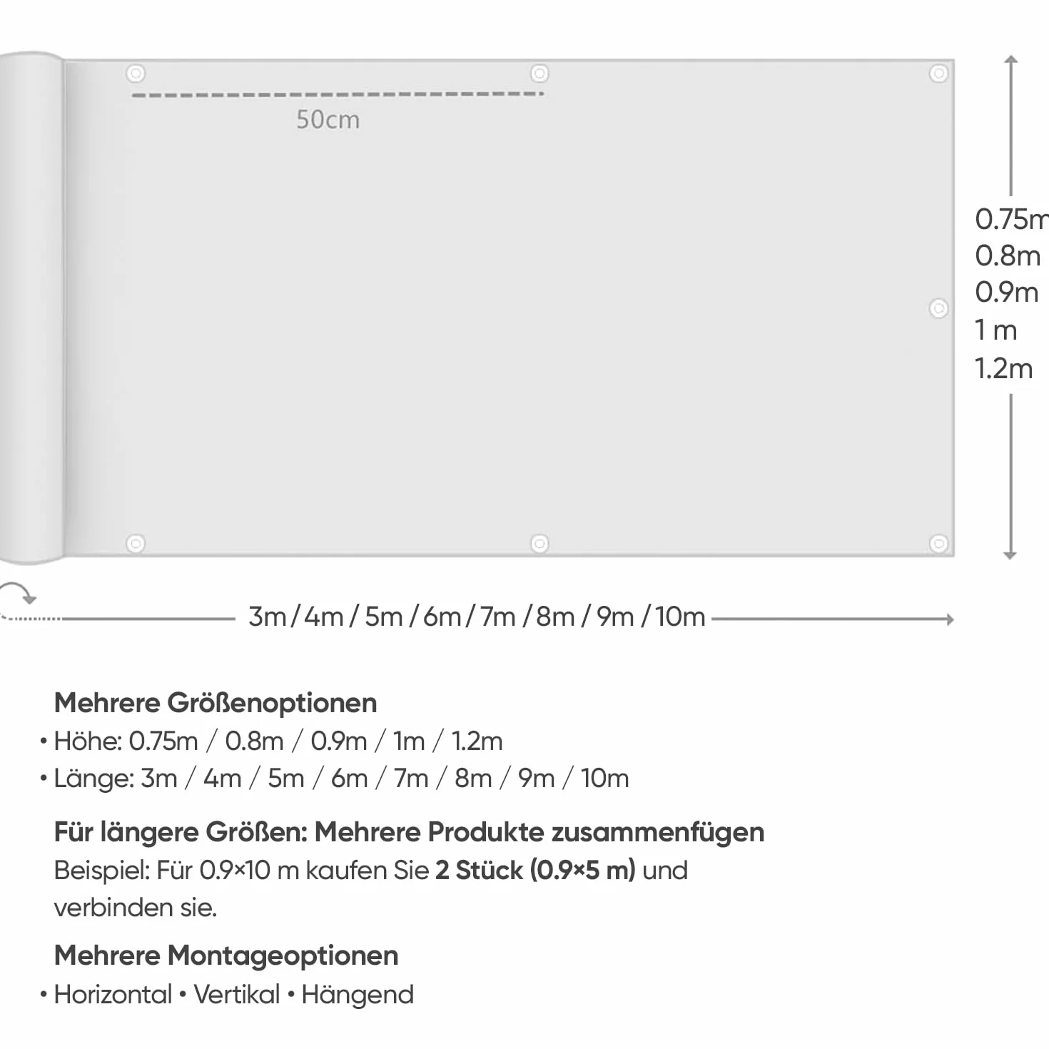 Sekey Osłona balkonowa z oczkami, nylonowymi opaskami kablowymi i sznurkiem, 100% prywatności, antracytowa, 90 x 500 cm