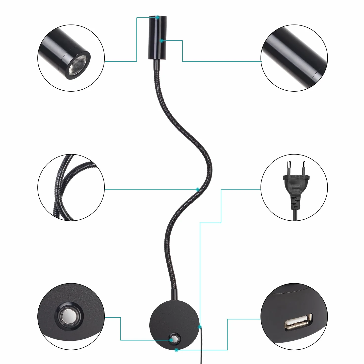 ERWEY 2 sztuki lampy do czytania, lampa ścienna LED, dotykowa, ściemniana, 3 tryby temperatury barwowej, lampa do łóżka z przyłączem USB do ładowania, do sypialni, czarna