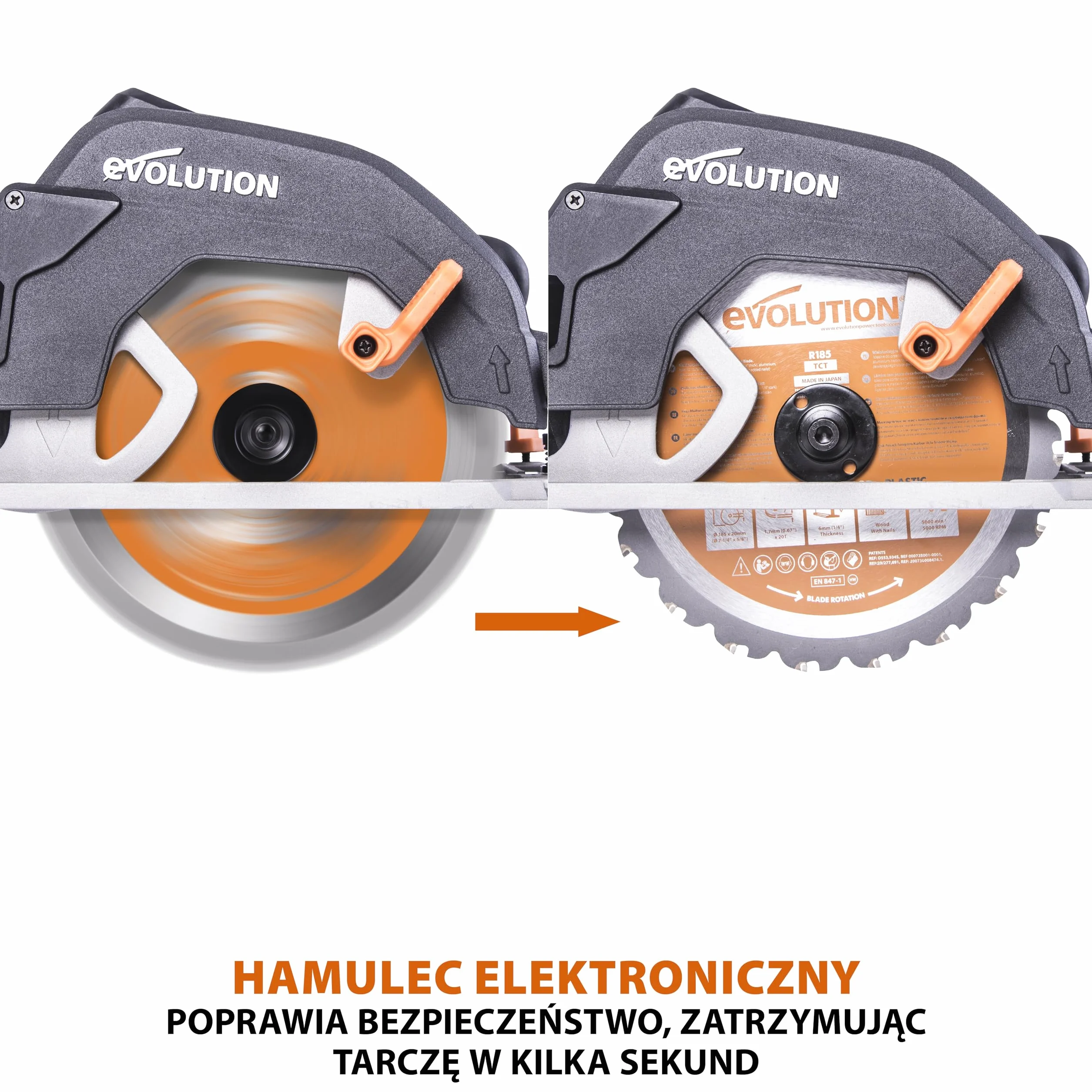Evolution Power Tools R185CCS Pilarka tarczowa z szyną i tarczą TCT 185 mm do cięcia wielu materiałów: tnie drewno, metal stal aluminium plastik, opcja odchylenia, w zestawie prowadnica