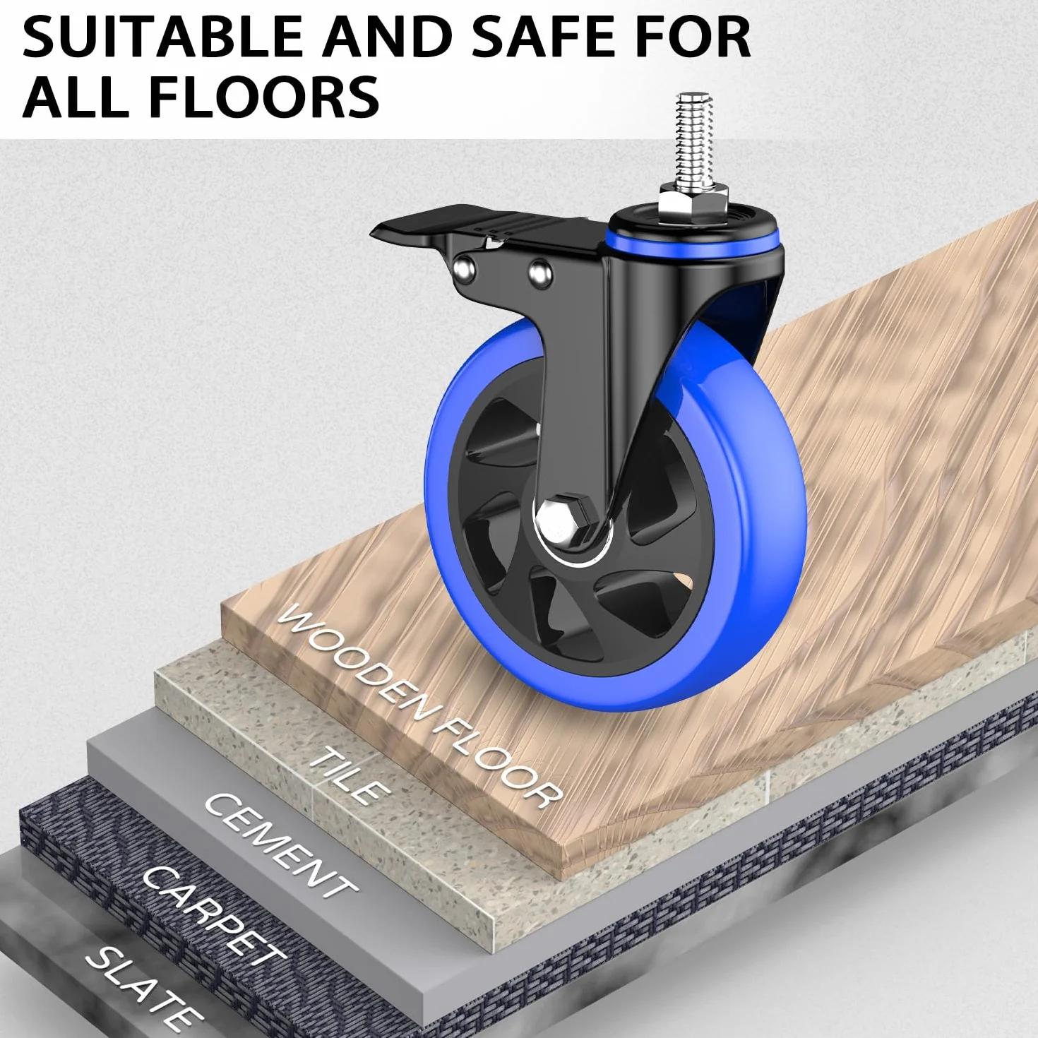 5-calowe kółka jezdne, wytrzymałe, 2200 funtów, kółka z gwintowanym trzpieniem 3/8"-16 x 1 (średnica trzpienia 3/8", długość trzpienia 1"), zestaw 4 kółek obrotowych z blokadą, przemysłowe kółka jez