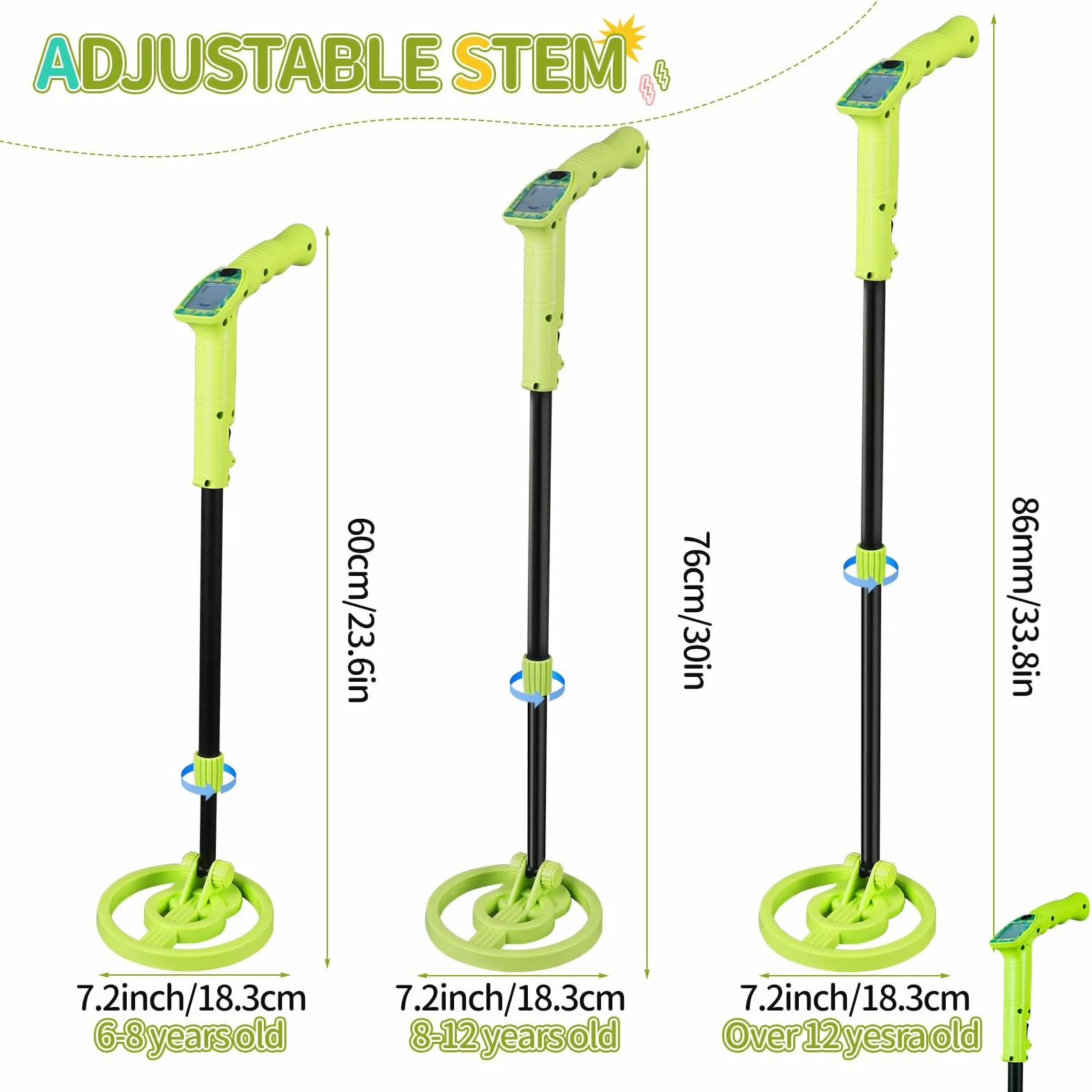Wykrywacz metalu dla dzieci, regulowany wykrywacz metalu dla dzieci 60-86cm, wodoszczelny, lekki z wyświetlaczem LCD, 6'' cewka wyszukująca, detektor złota z łopatą i grabiami, eksploracja na świeżym