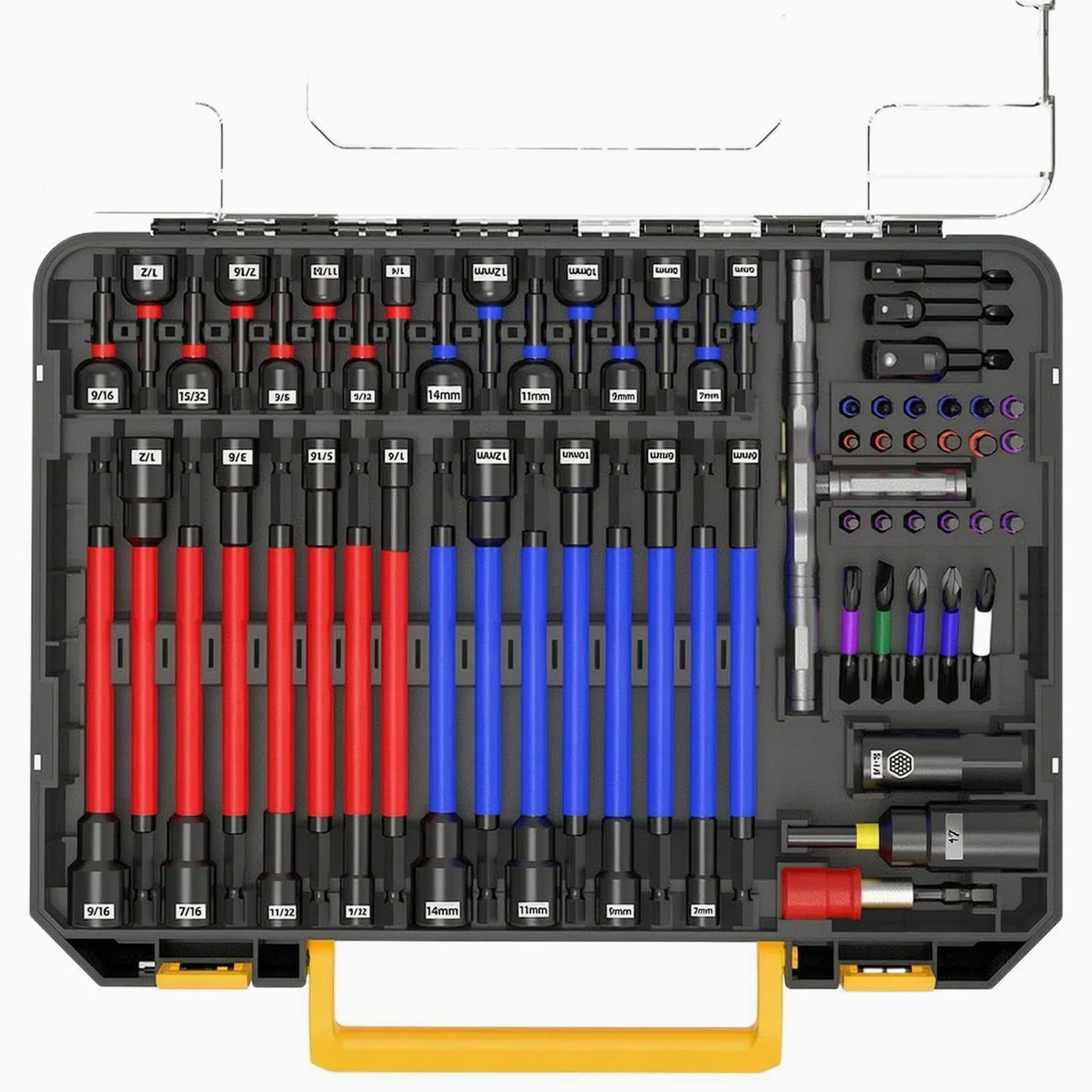 Magnetic Nut Driver Set High Torque Sockets, 62 Piece Drill Bit Adapter | Mocny uchwyt magnetyczny, zestaw narzędzi do naprawy samochodów, prac budowlanych, domu, garażu